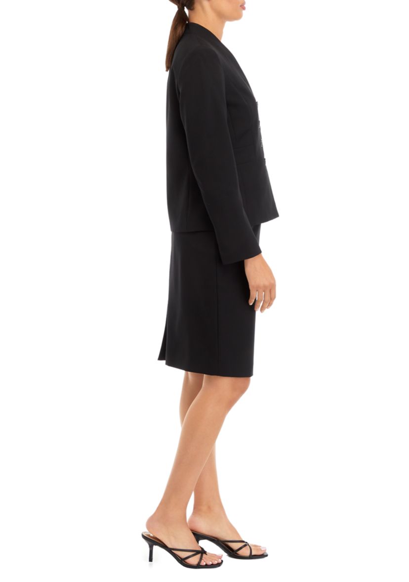 FOUR BUTTON COLLARLESS JACKET AND SLIM SKIRT