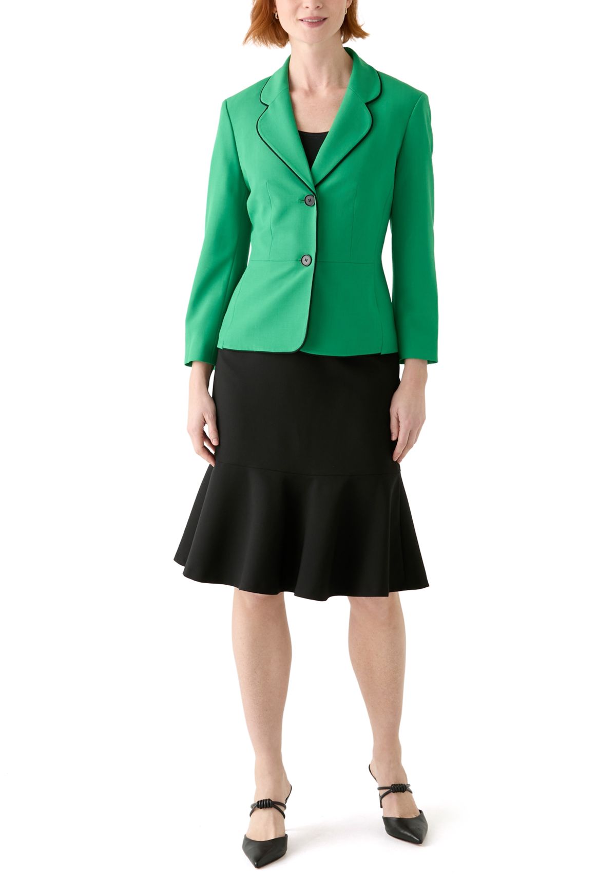 2 BTTN JCKT W/PIPING & FLOUNCE SKIRT