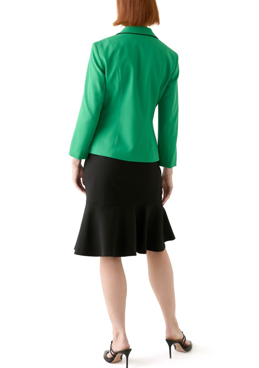 2 BTTN JCKT W/PIPING & FLOUNCE SKIRT
