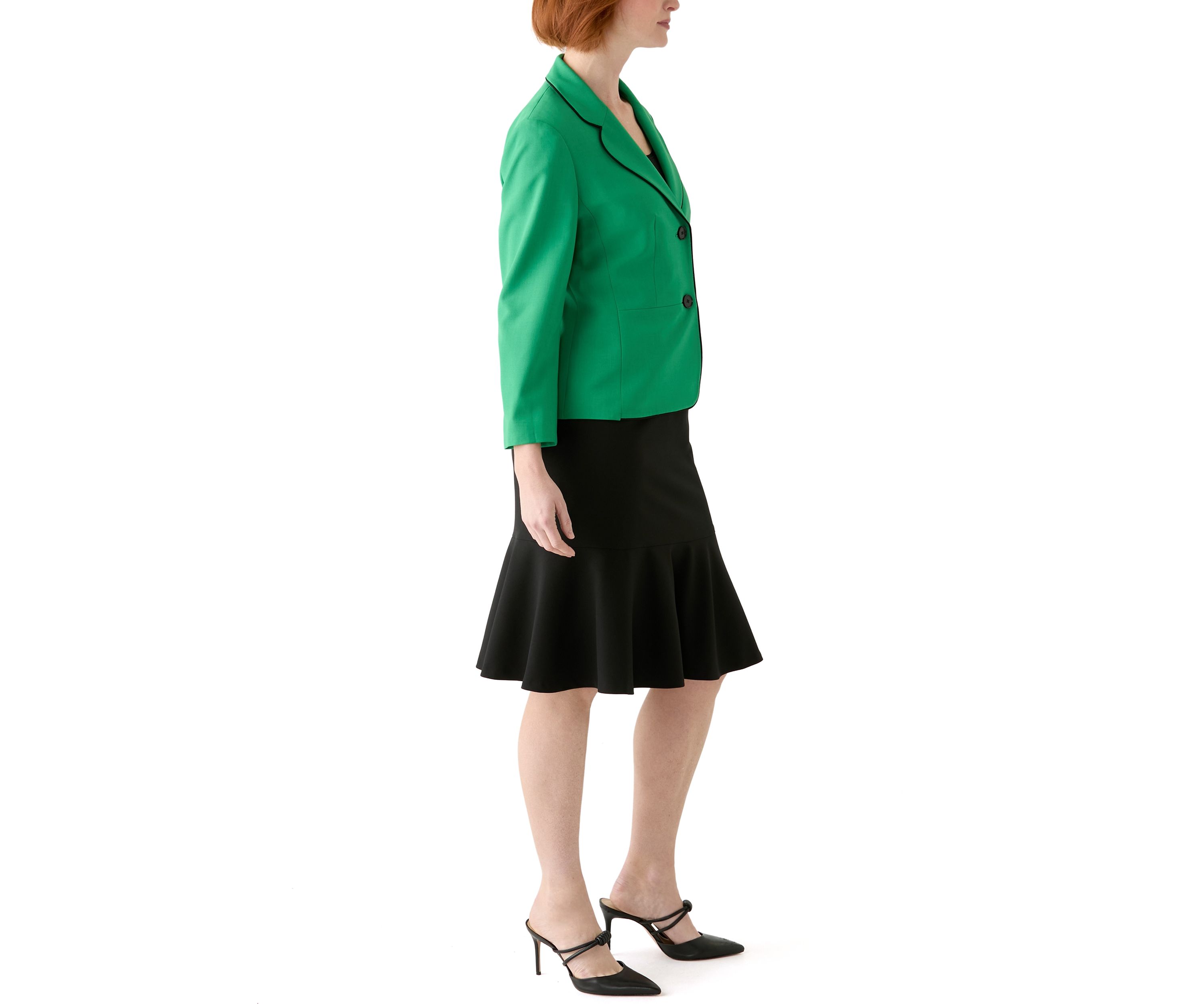 2 BTTN JCKT W/PIPING & FLOUNCE SKIRT