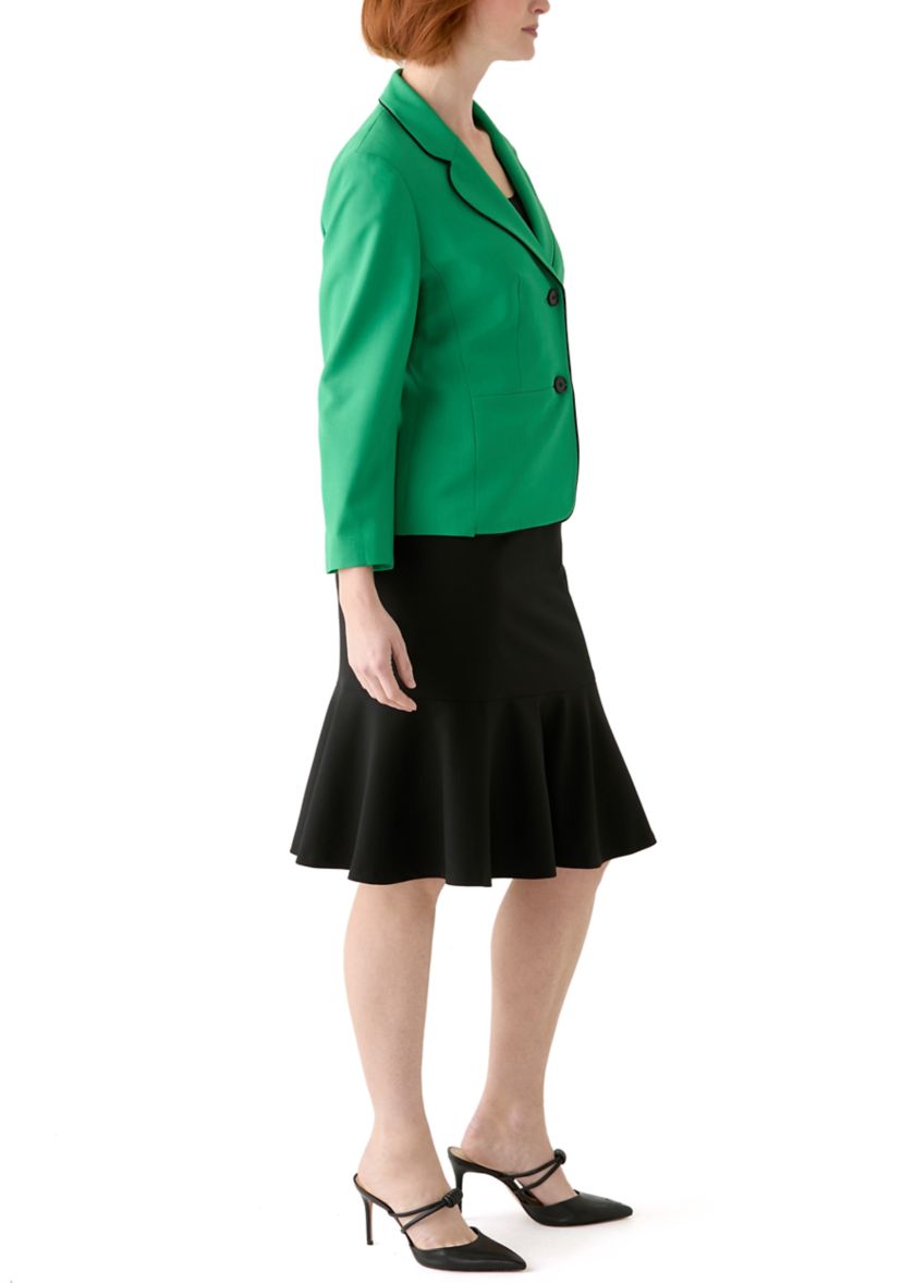 2 BTTN JCKT W/PIPING & FLOUNCE SKIRT