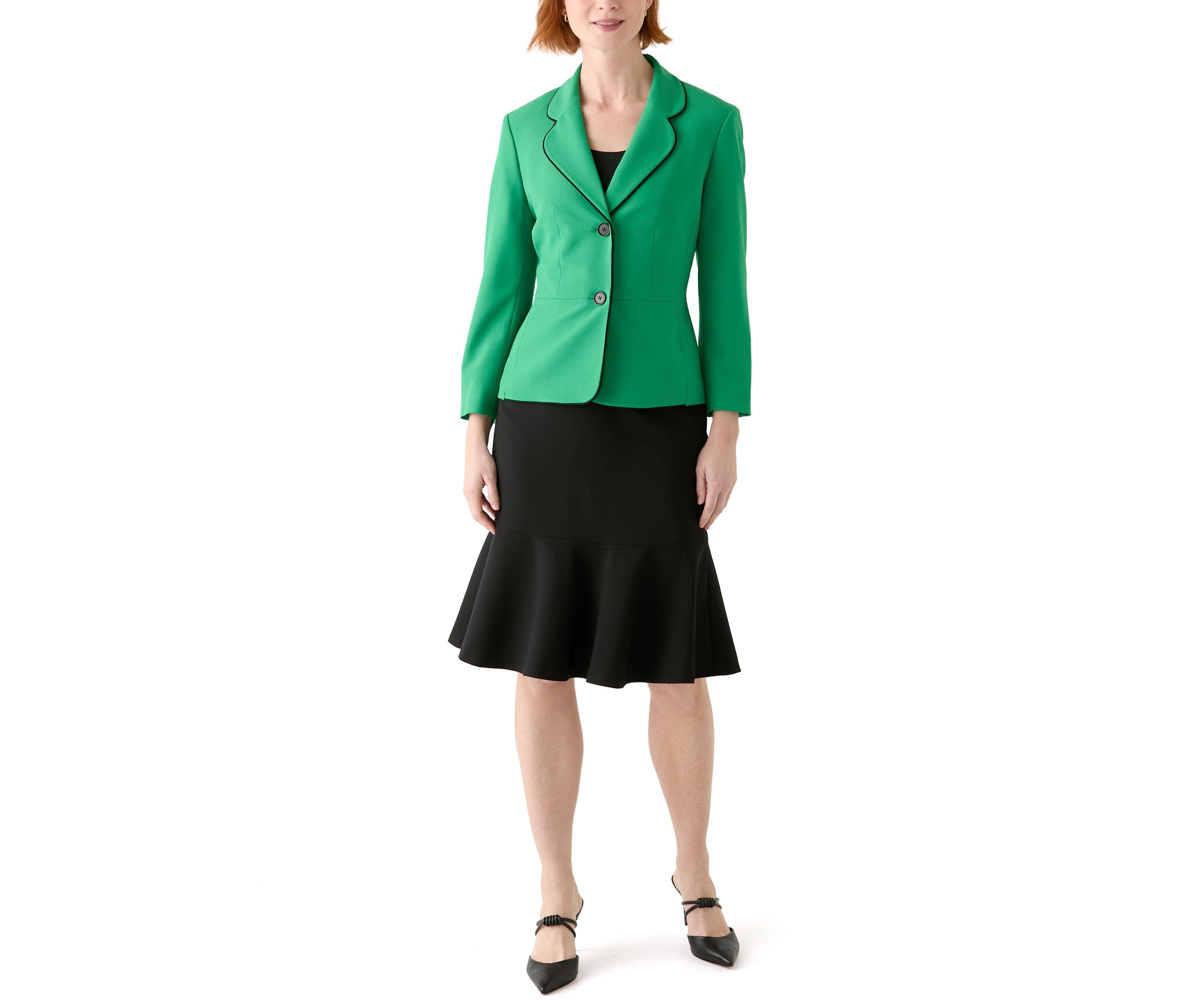2 BTTN JCKT W/PIPING & FLOUNCE SKIRT
