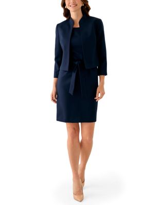 Le Suit Women's Stand Collar Three Quarter Sleeve Jacket & Belted Sheath Dress, Navy Blue, 6P