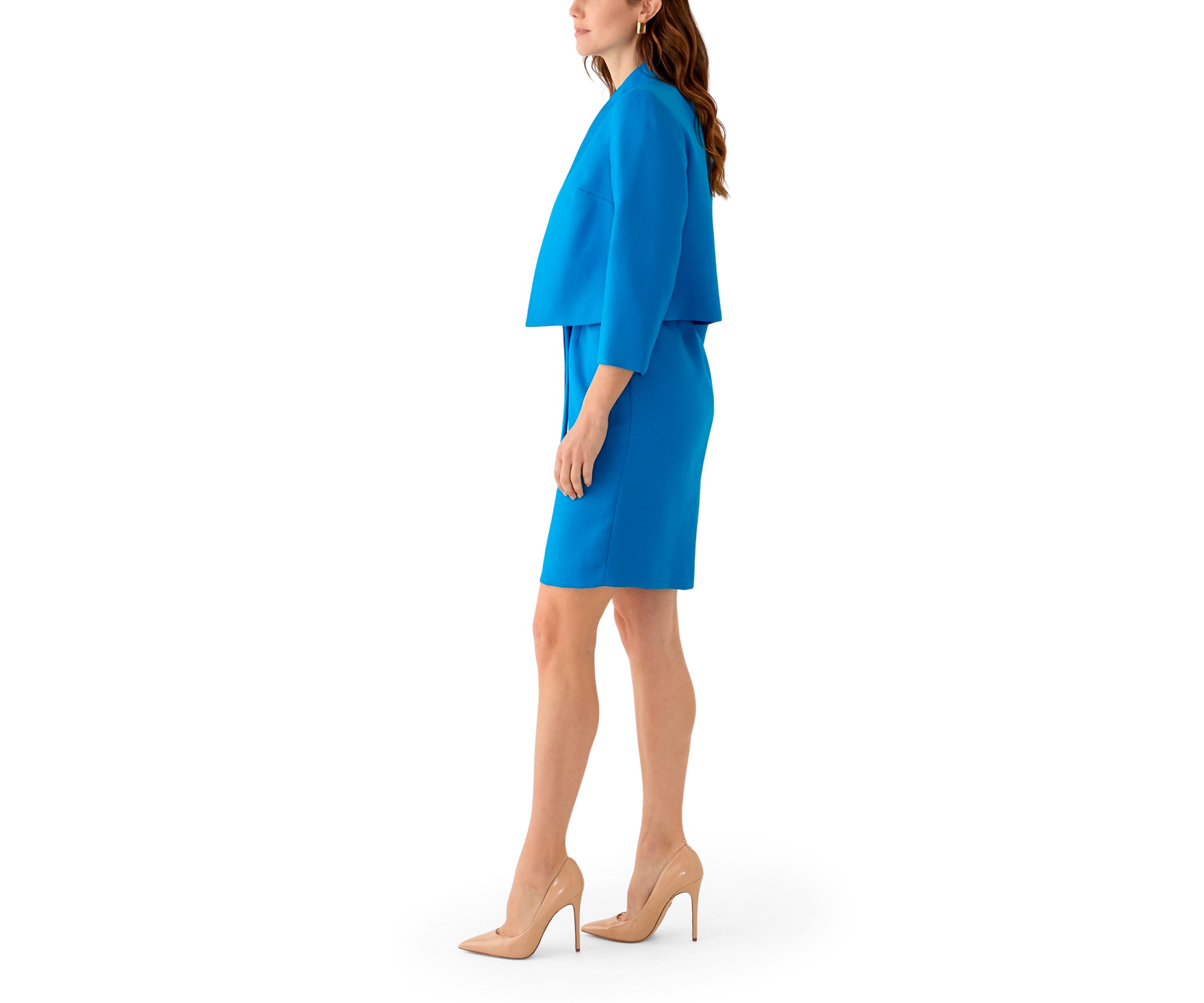 Stand Collar Three Quarter Sleeve Jacket & Belted Sheath Dress
