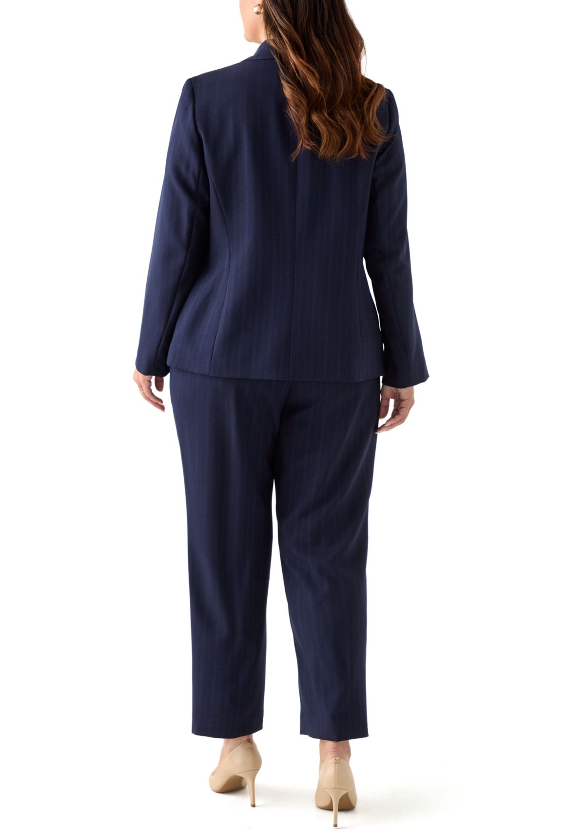 Plus Size Pinstripe One Button Jacket & Fly Front Slim Pant
