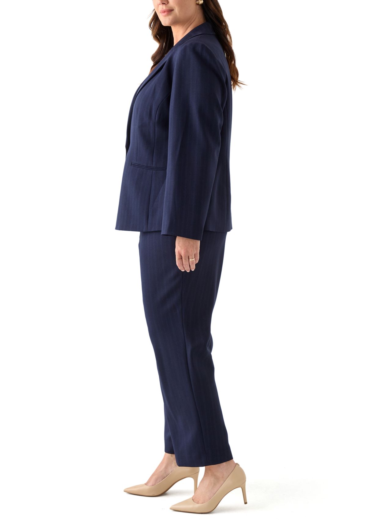 Plus Size Pinstripe One Button Jacket & Fly Front Slim Pant