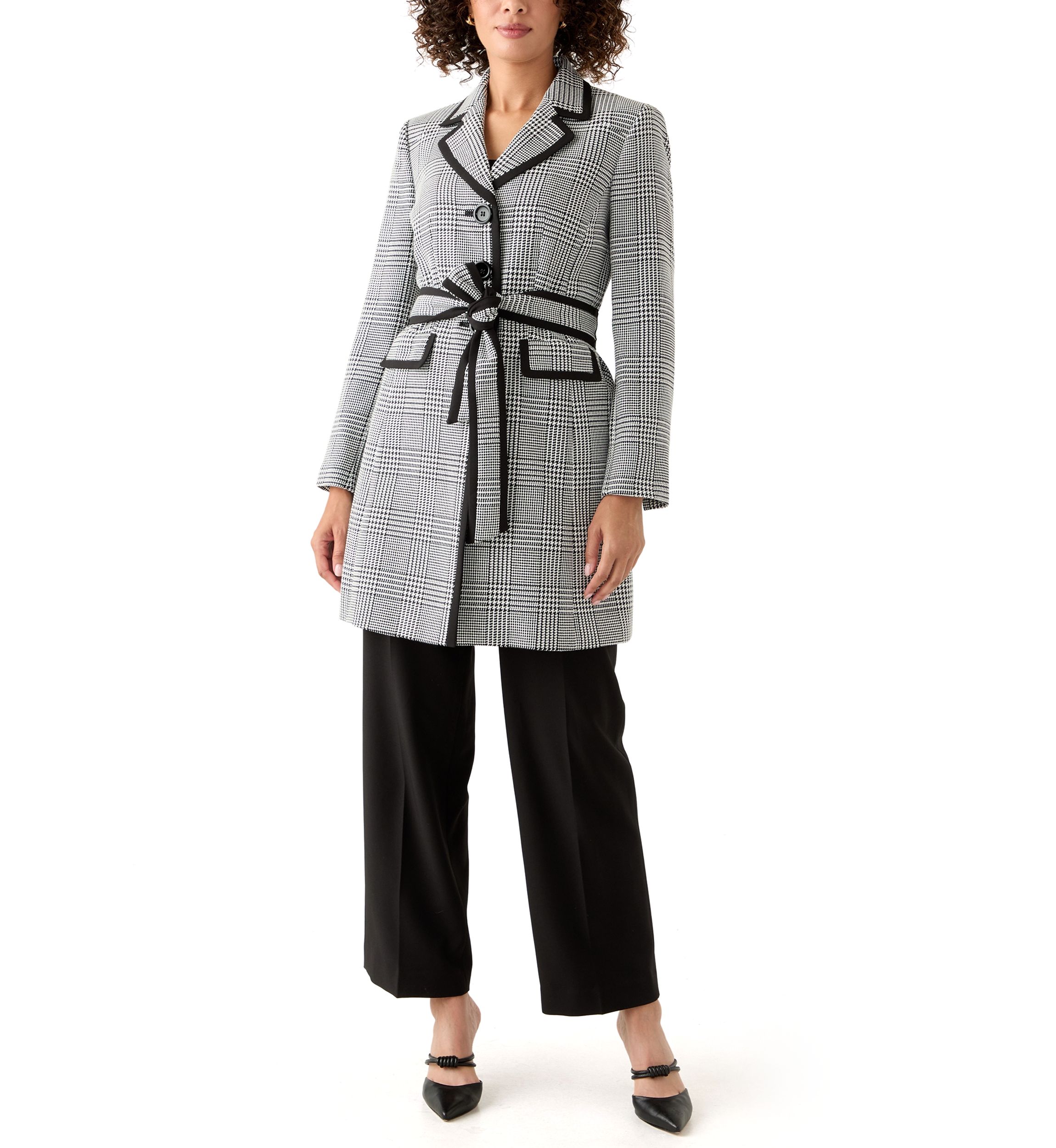 Houndstooth Plaid Framed Trench & Wide Leg Pant