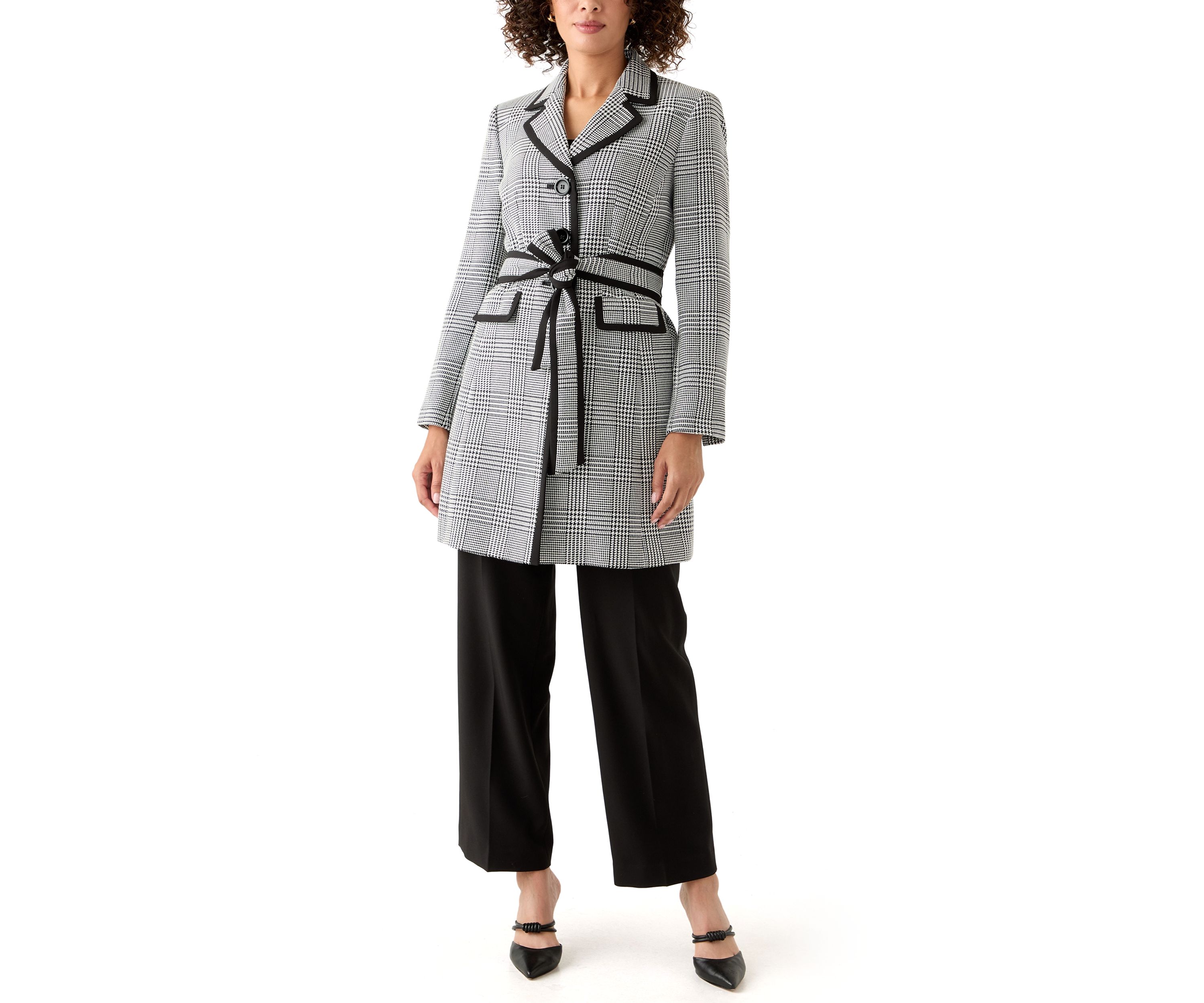 Houndstooth Plaid Framed Trench & Wide Leg Pant