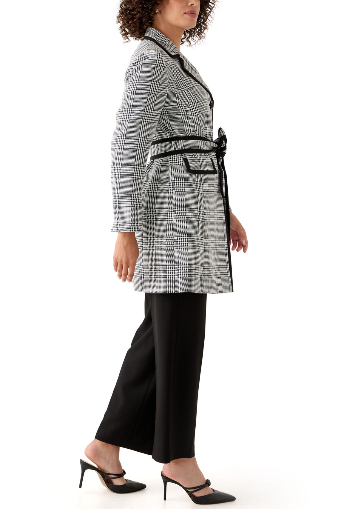 Houndstooth Plaid Framed Trench & Wide Leg Pant