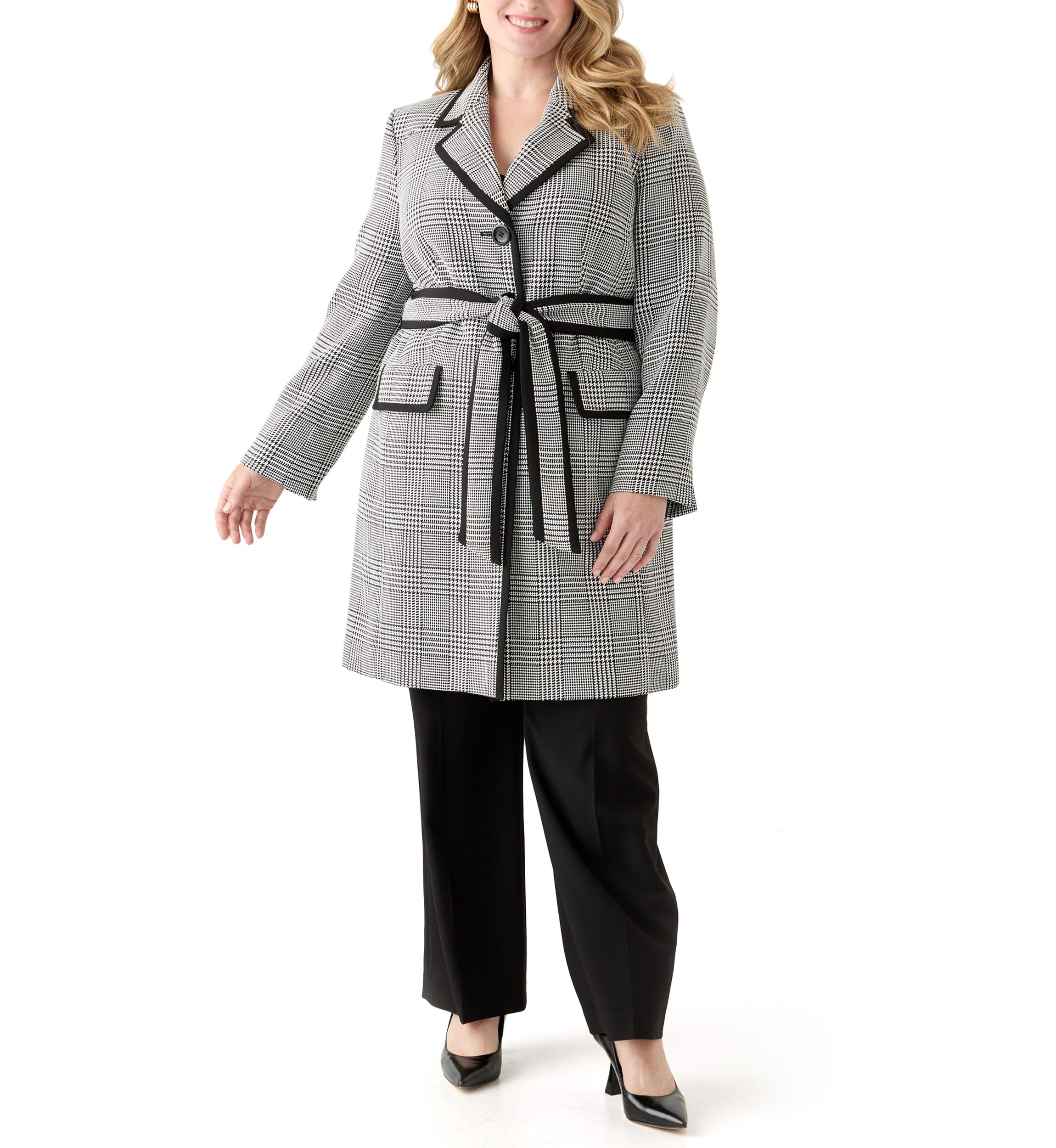 Houndstooth Plaid Framed Trench & Wide Leg Pant