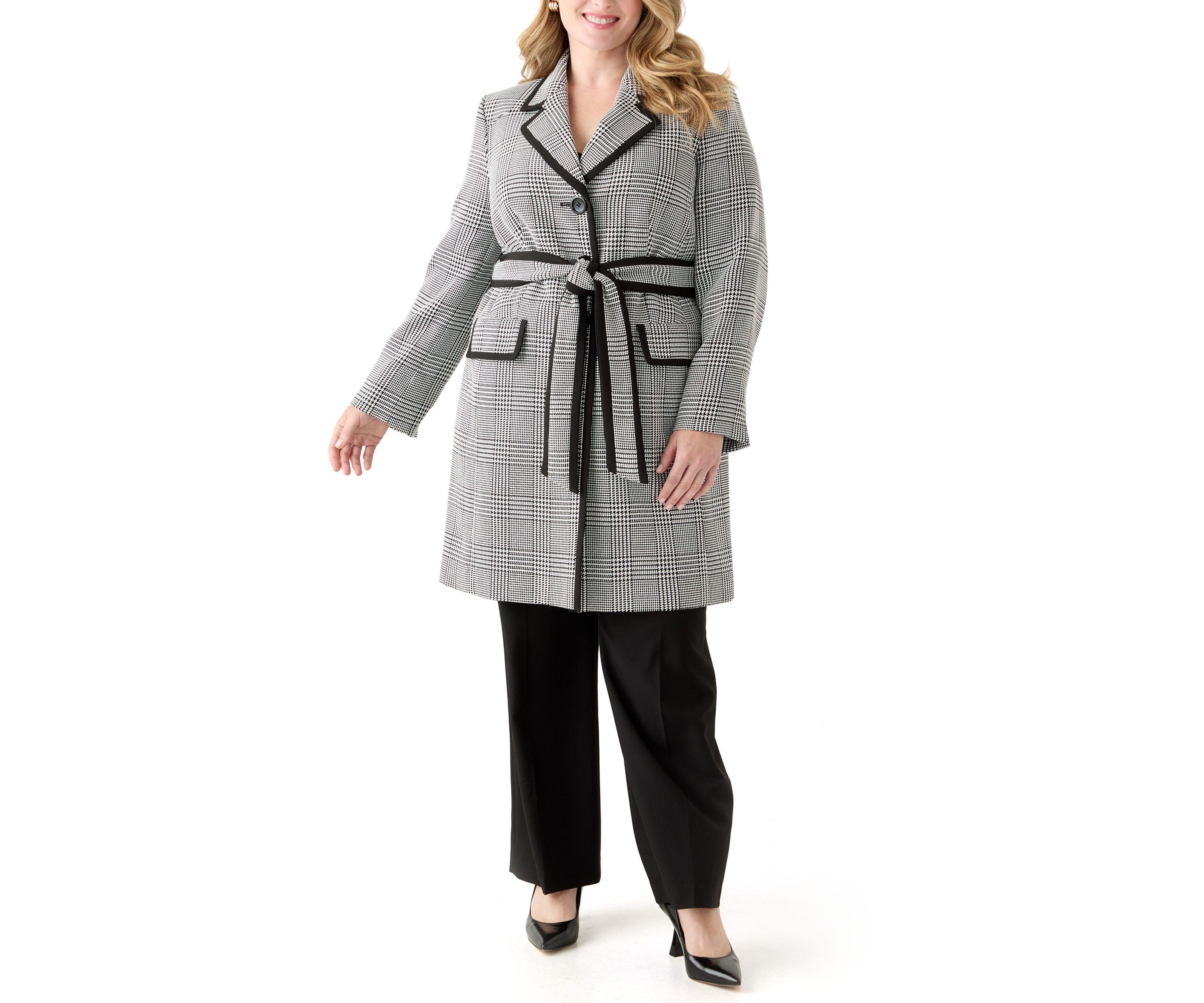 Houndstooth Plaid Framed Trench & Wide Leg Pant