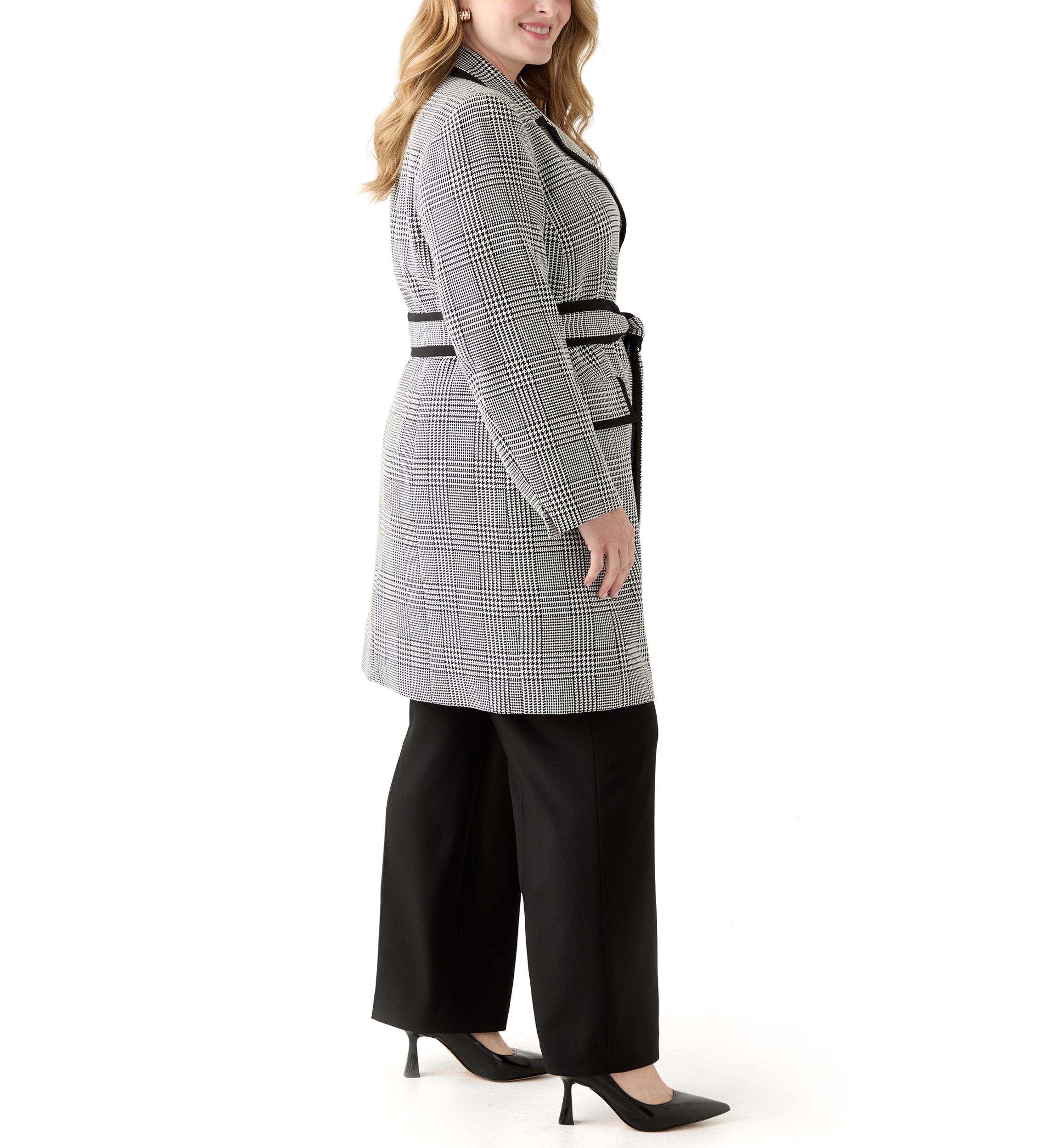 Houndstooth Plaid Framed Trench & Wide Leg Pant