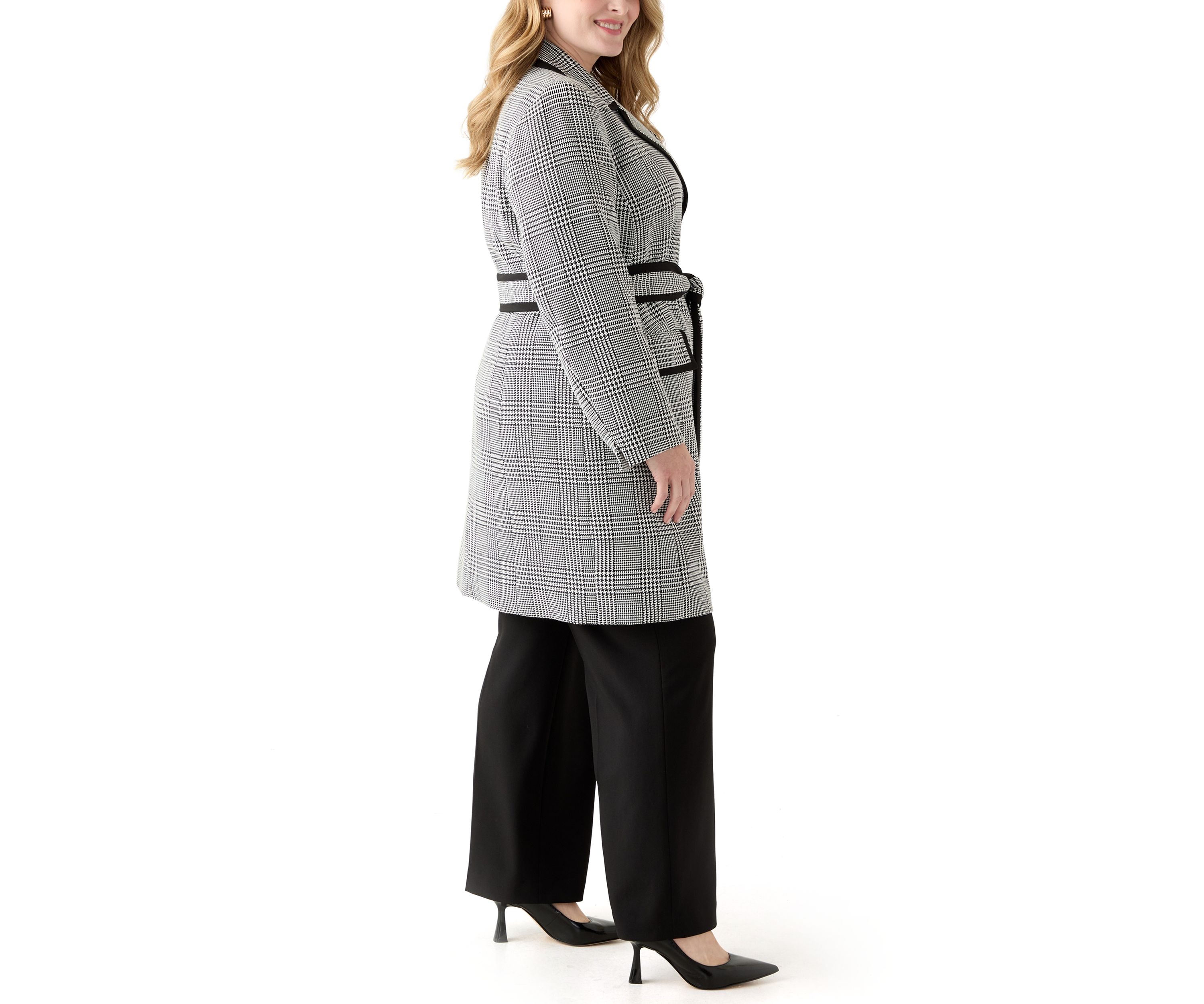 Houndstooth Plaid Framed Trench & Wide Leg Pant