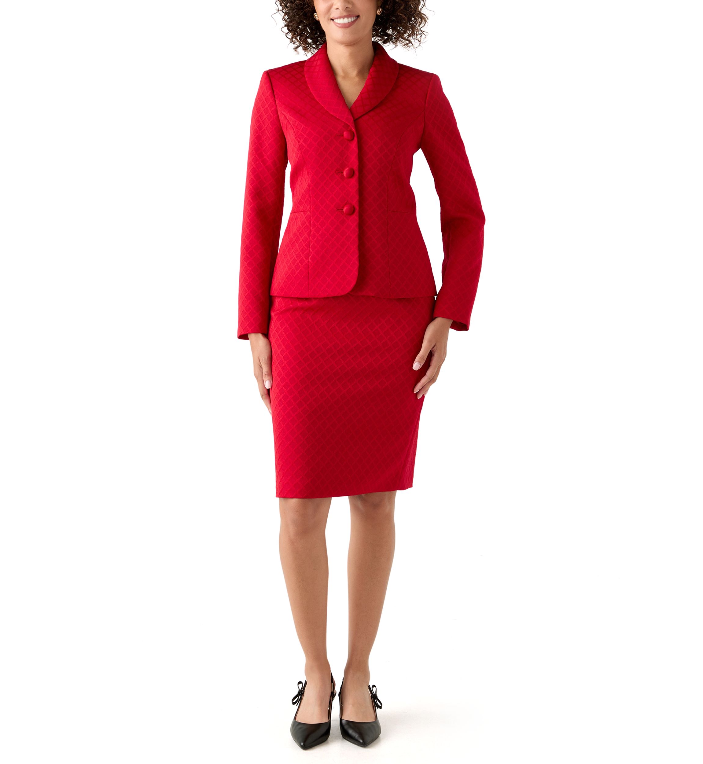 Jacquard Three Button Shawl Collar Jacket & Skirt