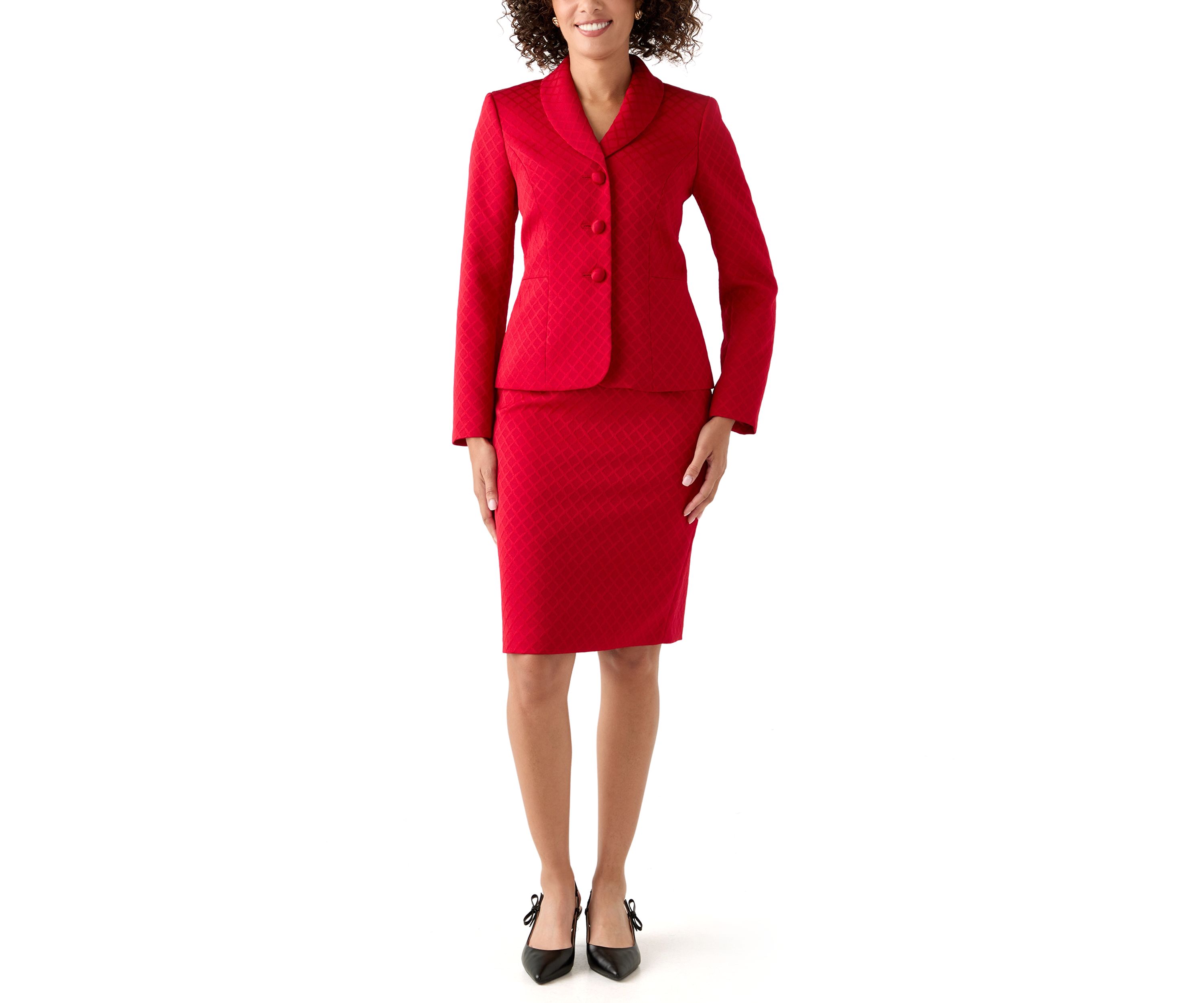 Jacquard Three Button Shawl Collar Jacket & Skirt