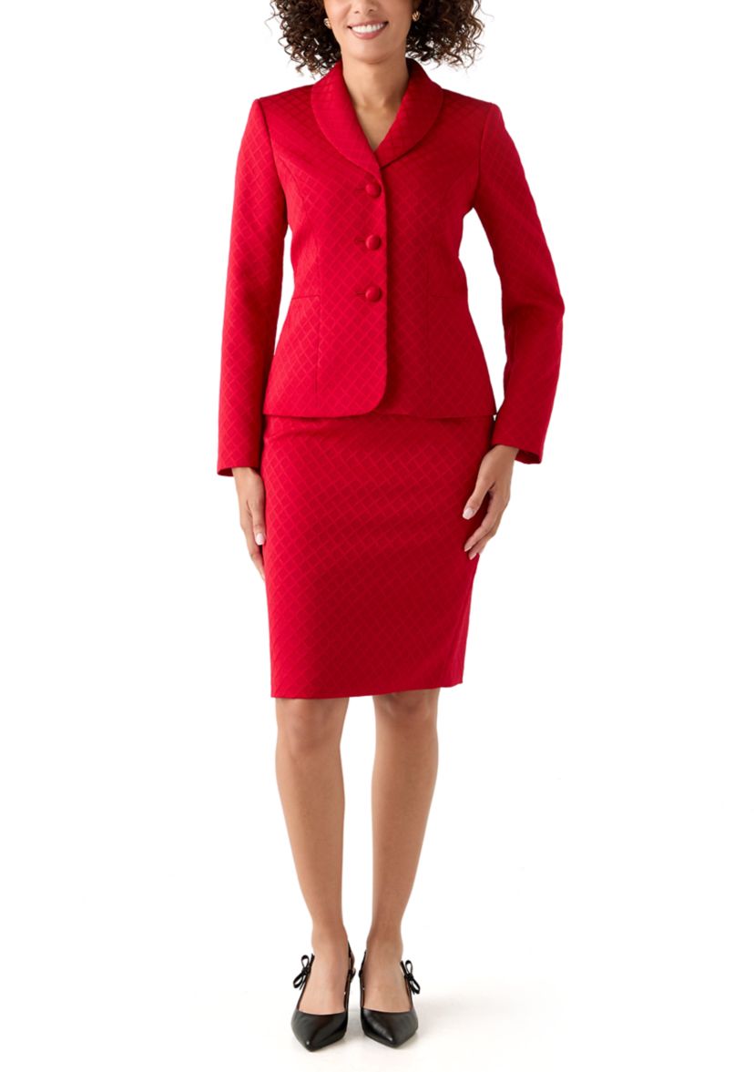 Jacquard Three Button Shawl Collar Jacket & Skirt