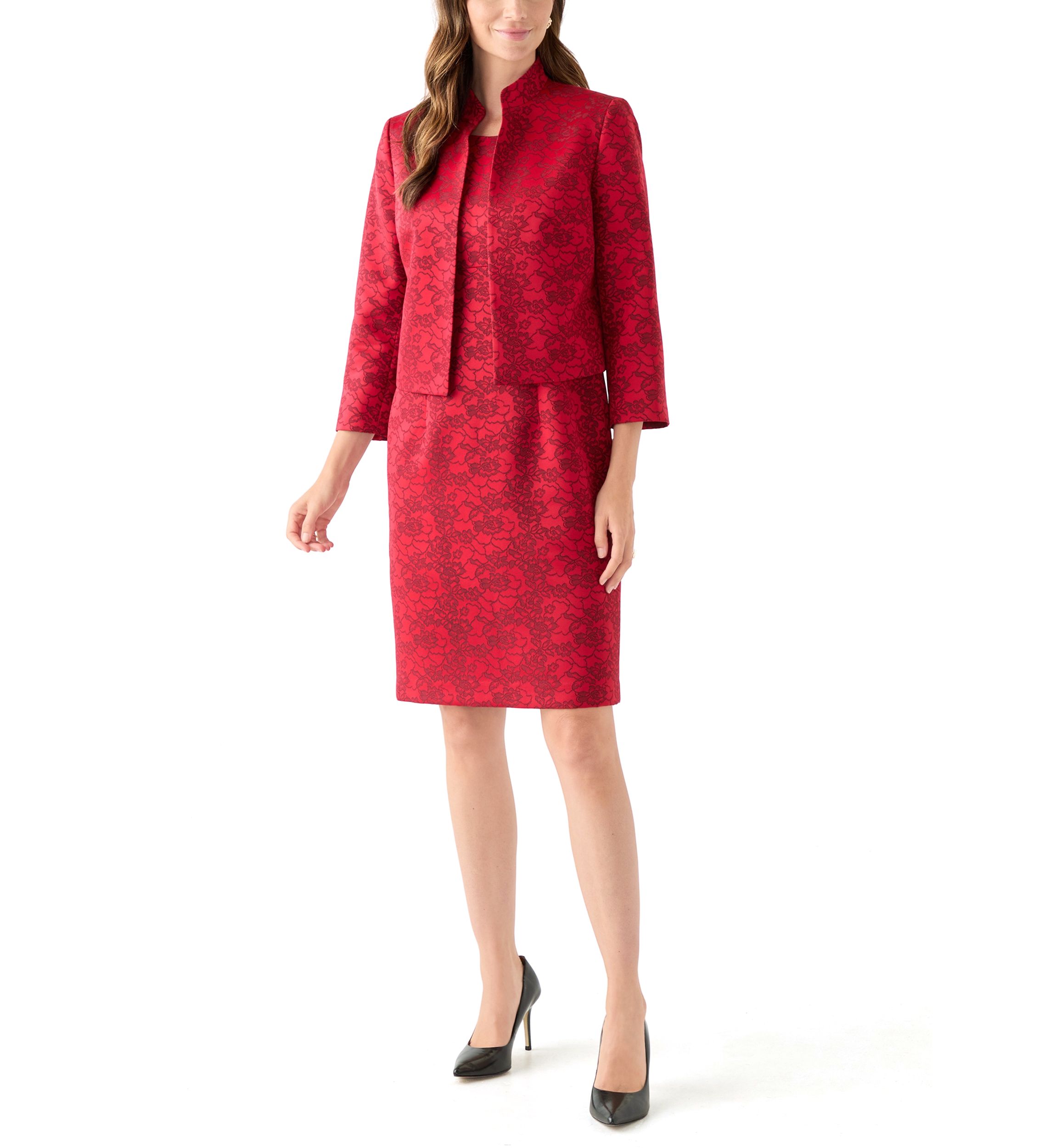 Jacquard Stand Collar Three Quarter Sleeve Jacket & Empire Seamed Dress