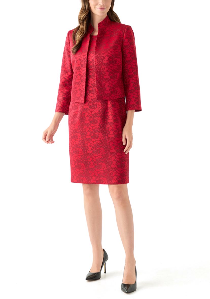 Jacquard Stand Collar Three Quarter Sleeve Jacket & Empire Seamed Dress