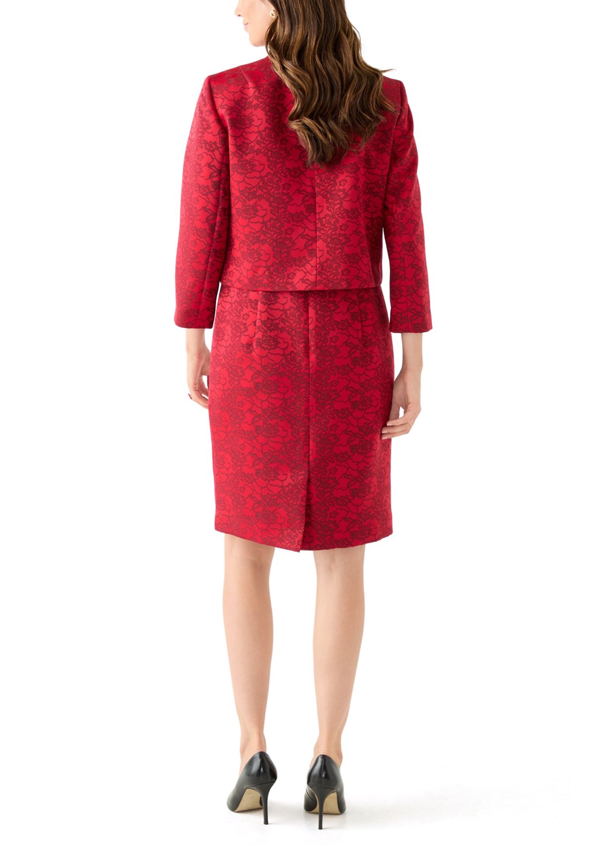 Jacquard Stand Collar Three Quarter Sleeve Jacket & Empire Seamed Dress