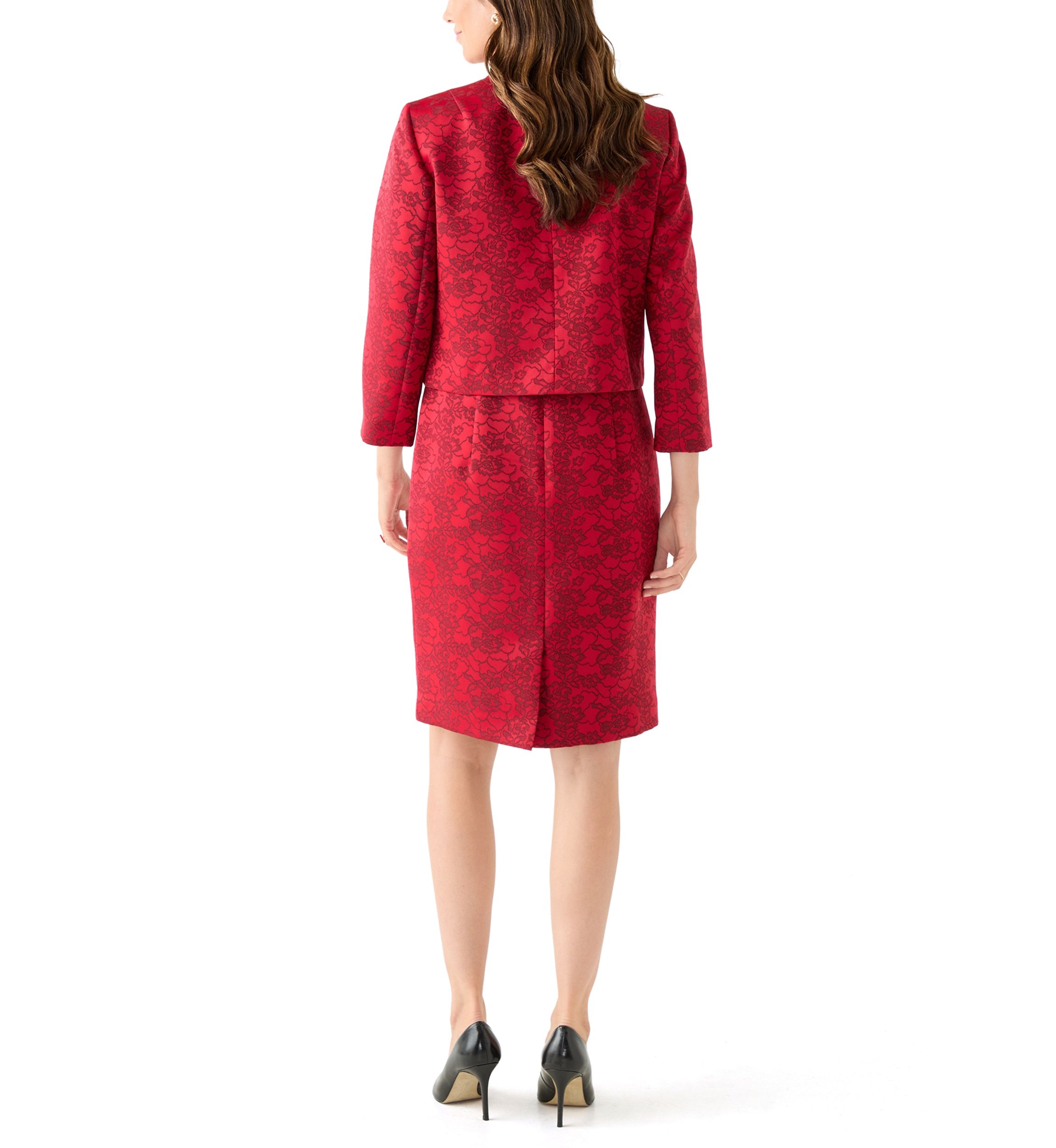 Jacquard Stand Collar Three Quarter Sleeve Jacket & Empire Seamed Dress