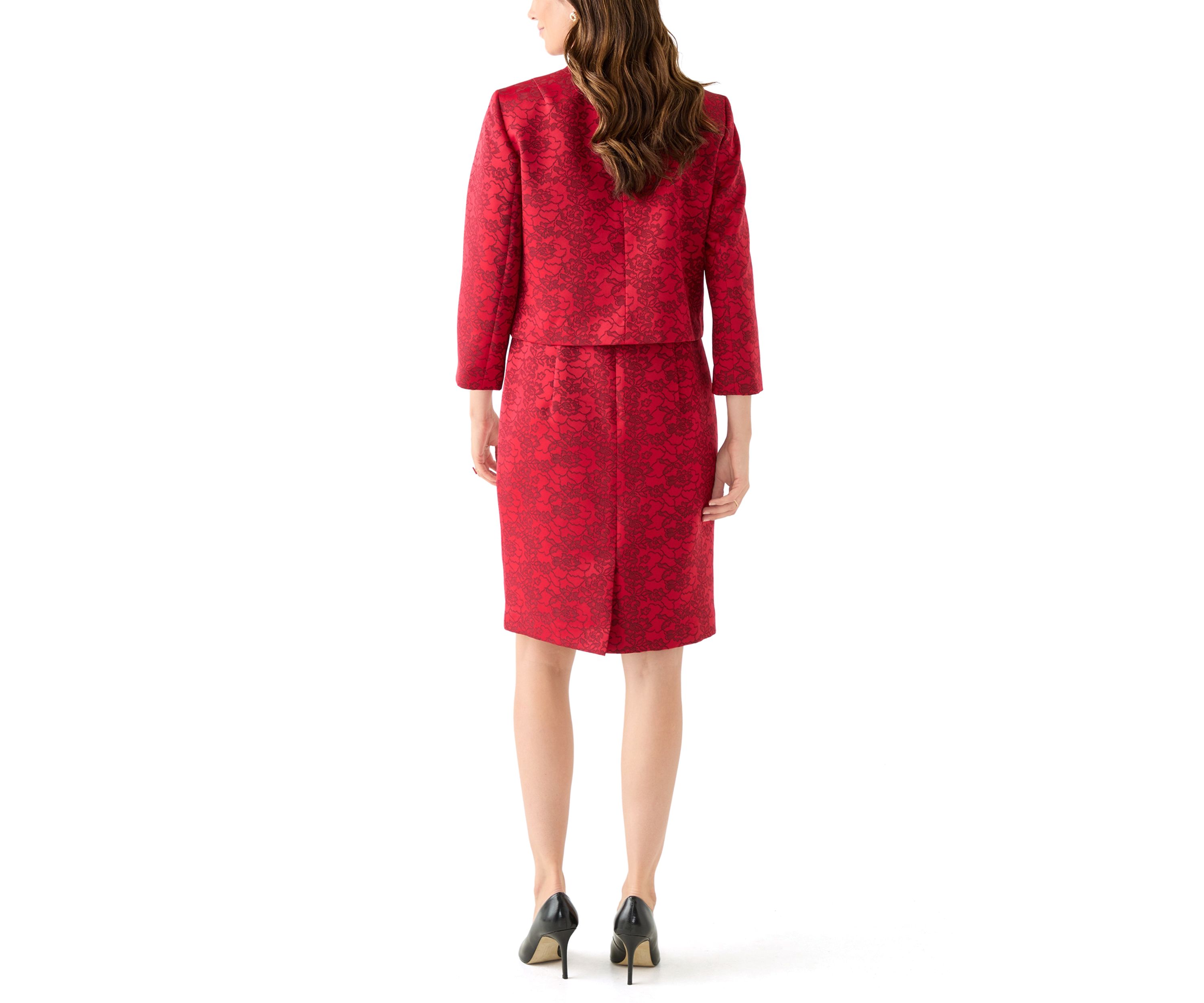 Jacquard Stand Collar Three Quarter Sleeve Jacket & Empire Seamed Dress