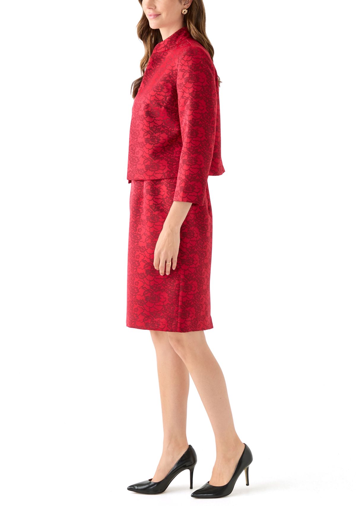 Jacquard Stand Collar Three Quarter Sleeve Jacket & Empire Seamed Dress
