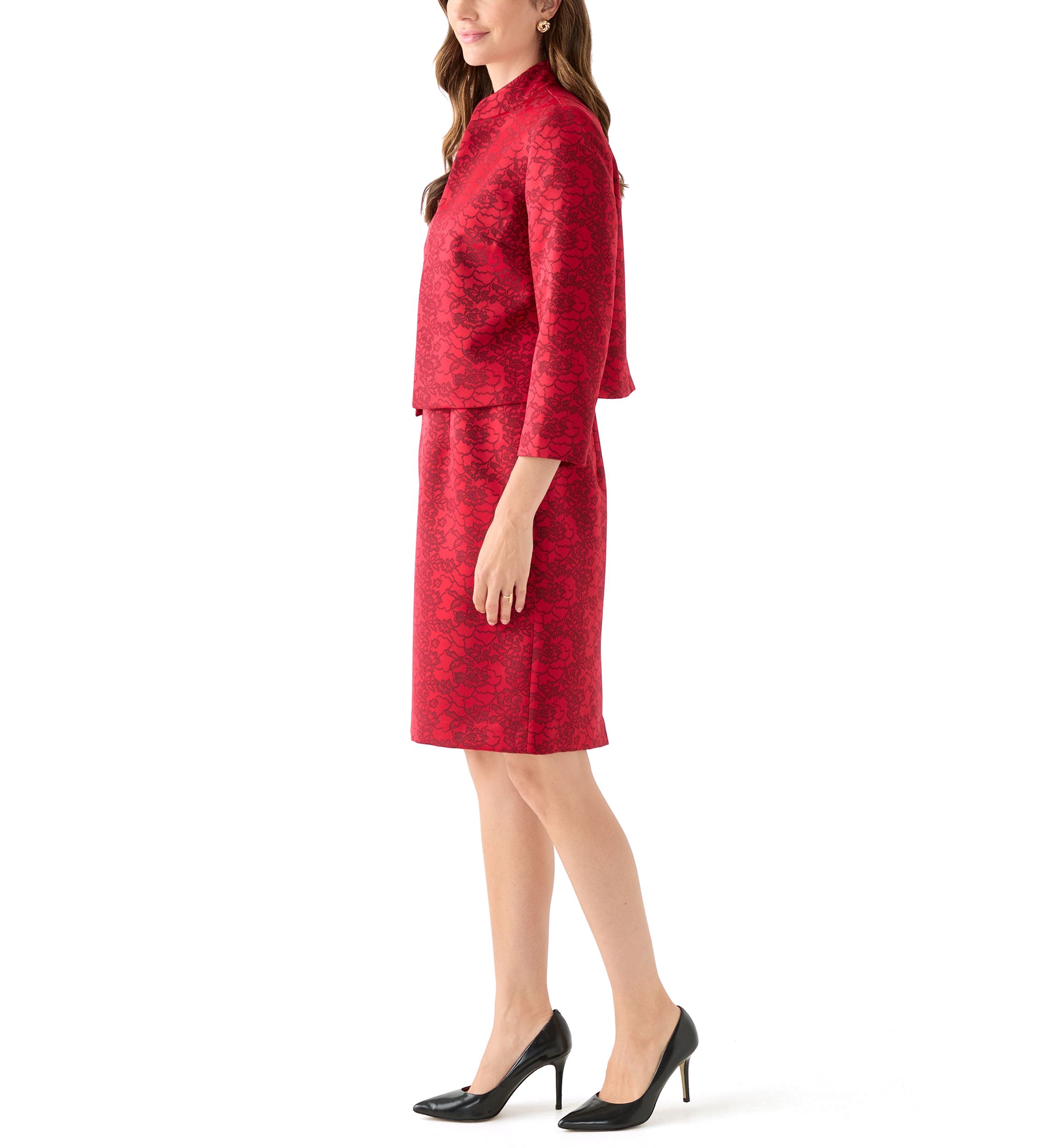 Jacquard Stand Collar Three Quarter Sleeve Jacket & Empire Seamed Dress