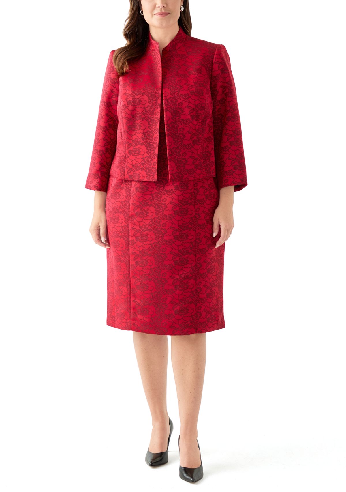 Jacquard Stand Collar Three Quarter Sleeve Jacket & Empire Seamed Dress