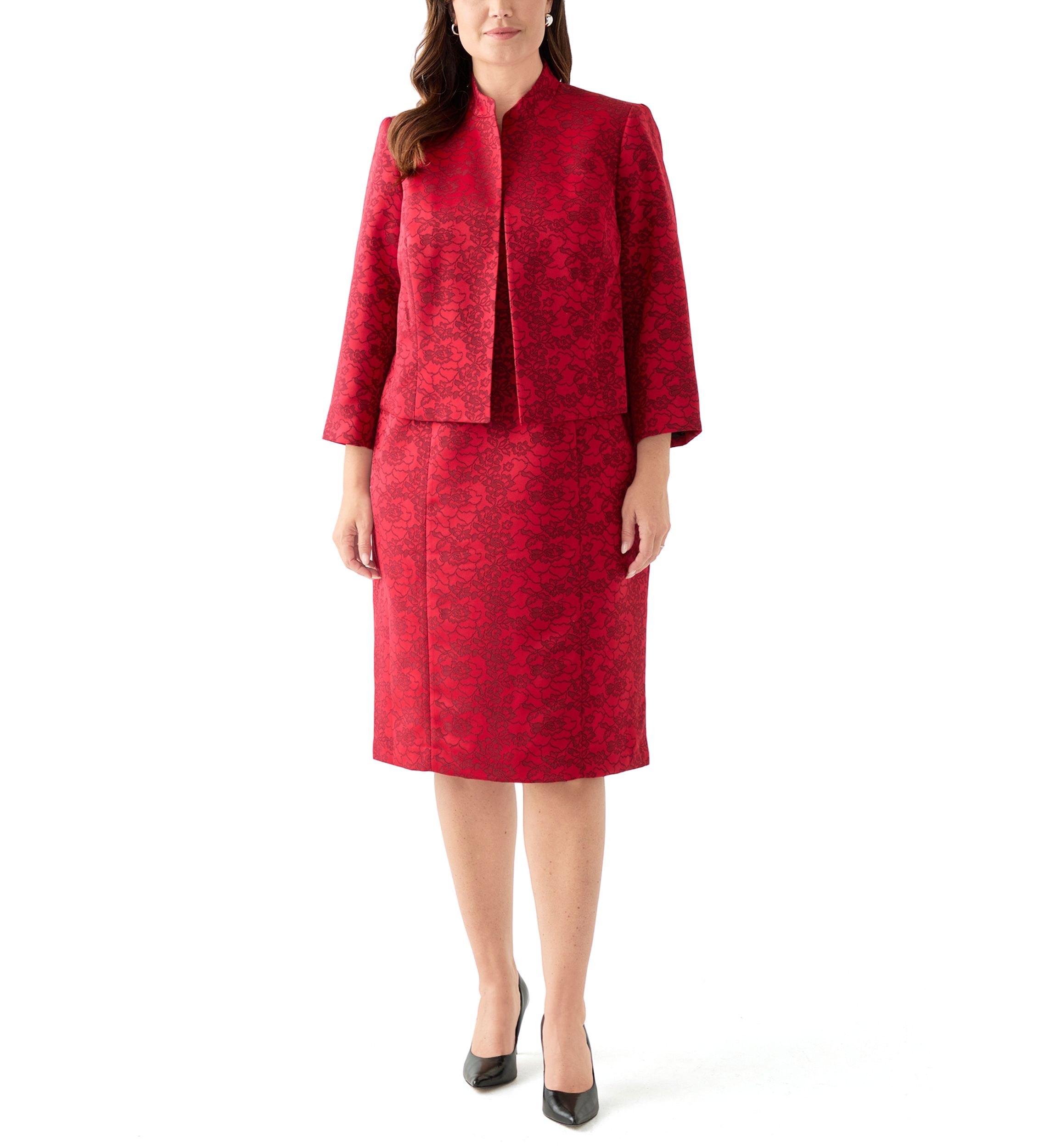 Jacquard Stand Collar Three Quarter Sleeve Jacket & Empire Seamed Dress