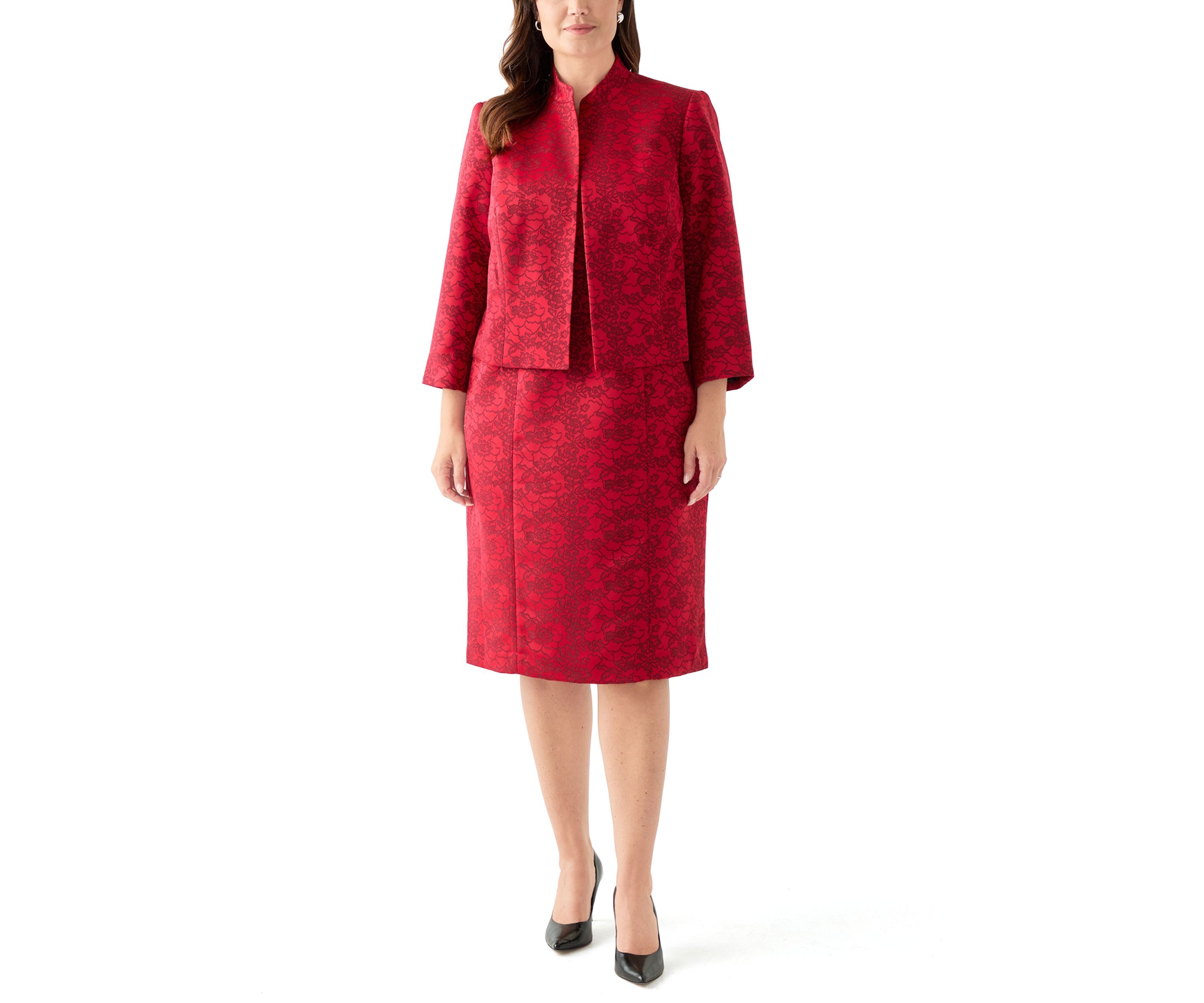 Jacquard Stand Collar Three Quarter Sleeve Jacket & Empire Seamed Dress
