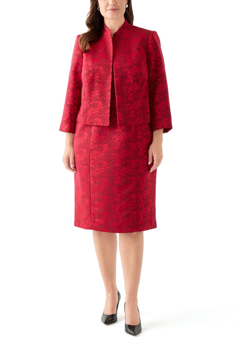 Jacquard Stand Collar Three Quarter Sleeve Jacket & Empire Seamed Dress