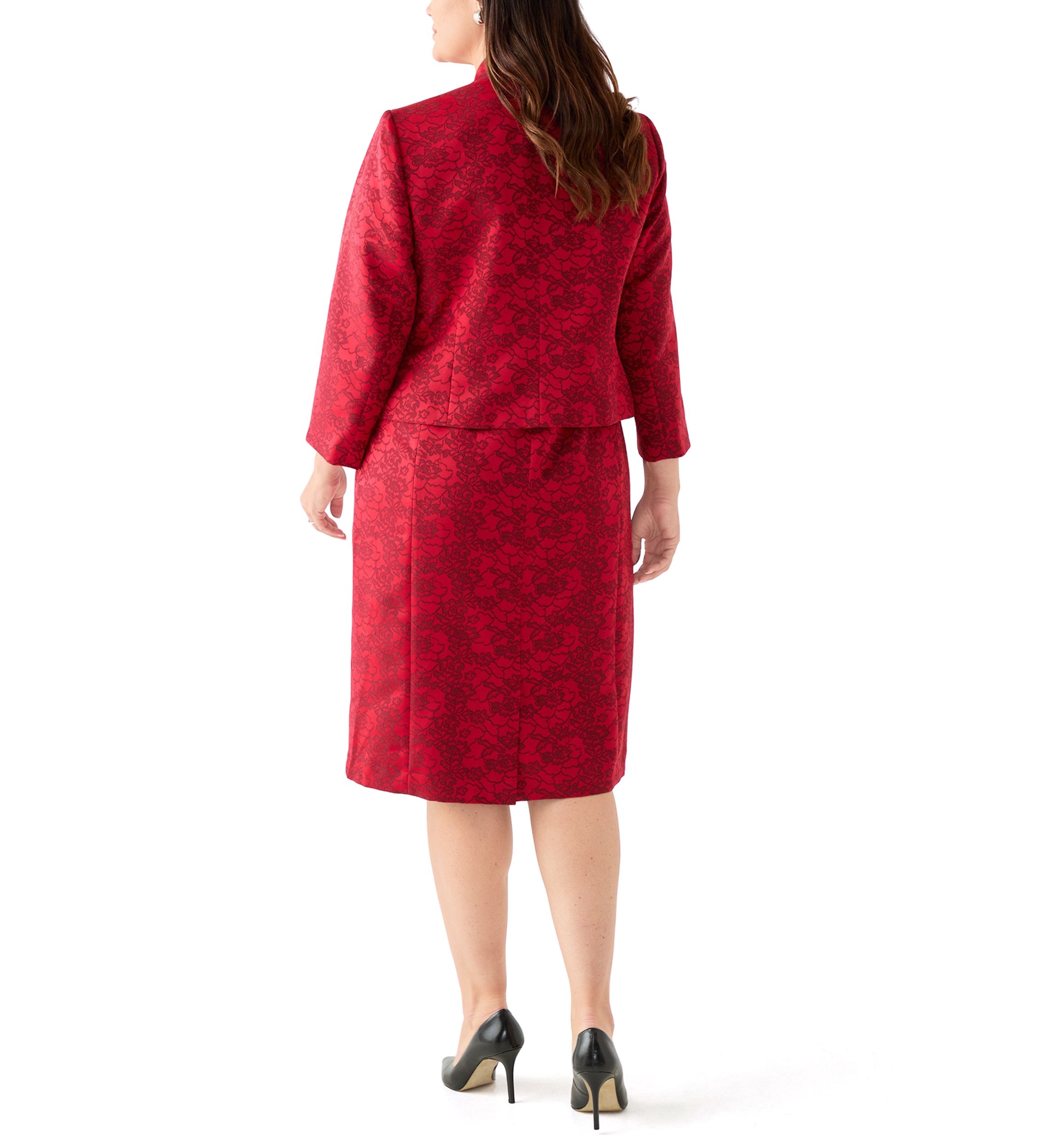 Jacquard Stand Collar Three Quarter Sleeve Jacket & Empire Seamed Dress