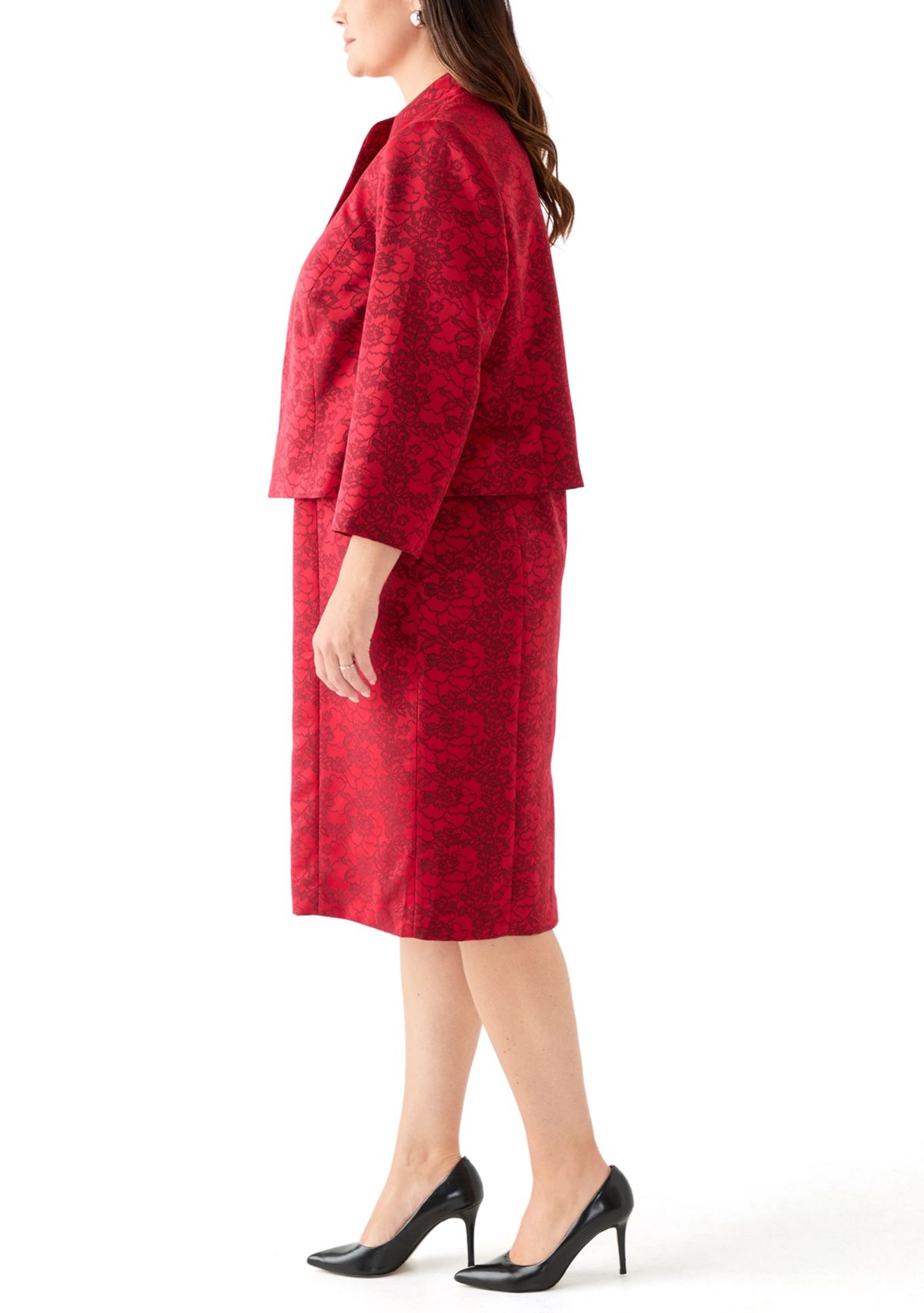 Jacquard Stand Collar Three Quarter Sleeve Jacket & Empire Seamed Dress