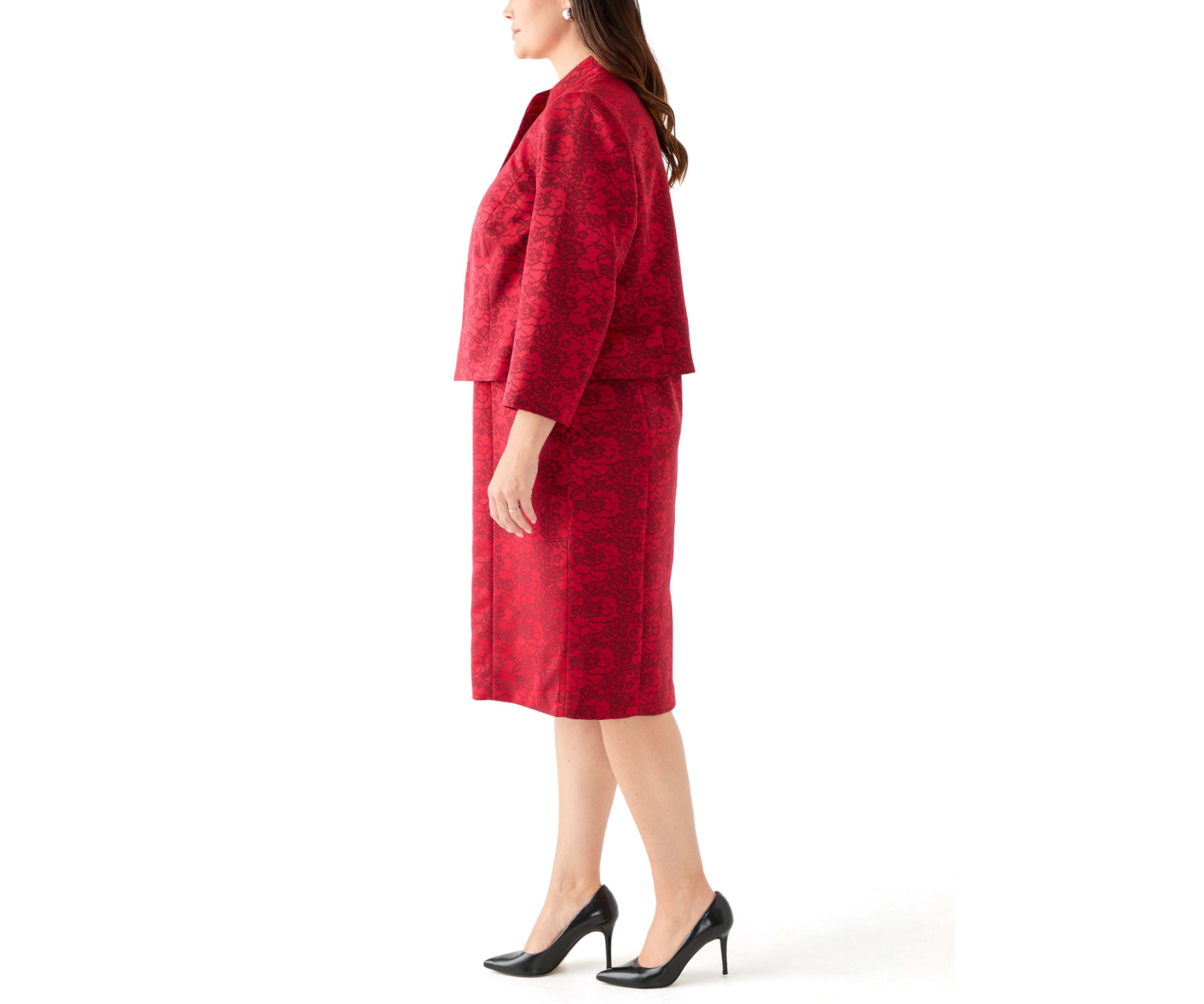 Jacquard Stand Collar Three Quarter Sleeve Jacket & Empire Seamed Dress