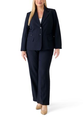 Le Suit Women's Four Pocket Jacket and Fly Front Wide Leg Pant, Navy Blue, 22 W