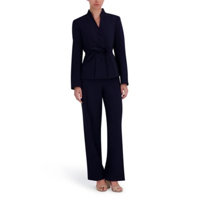Le Suit Women's Four Button Belted Jacket with Self Tie and Fly Front Wide Leg Pant, Navy Blue, 2P