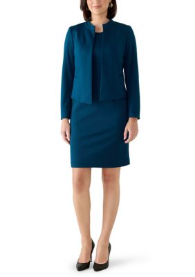 Le Suit Women's Petite Ponte Jacket with Round Neck & Empire Seamed Dress