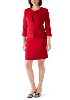 Le Suit Women's Petite Jacquard Cardigan with Waist Seam & Empire Seamed Dress