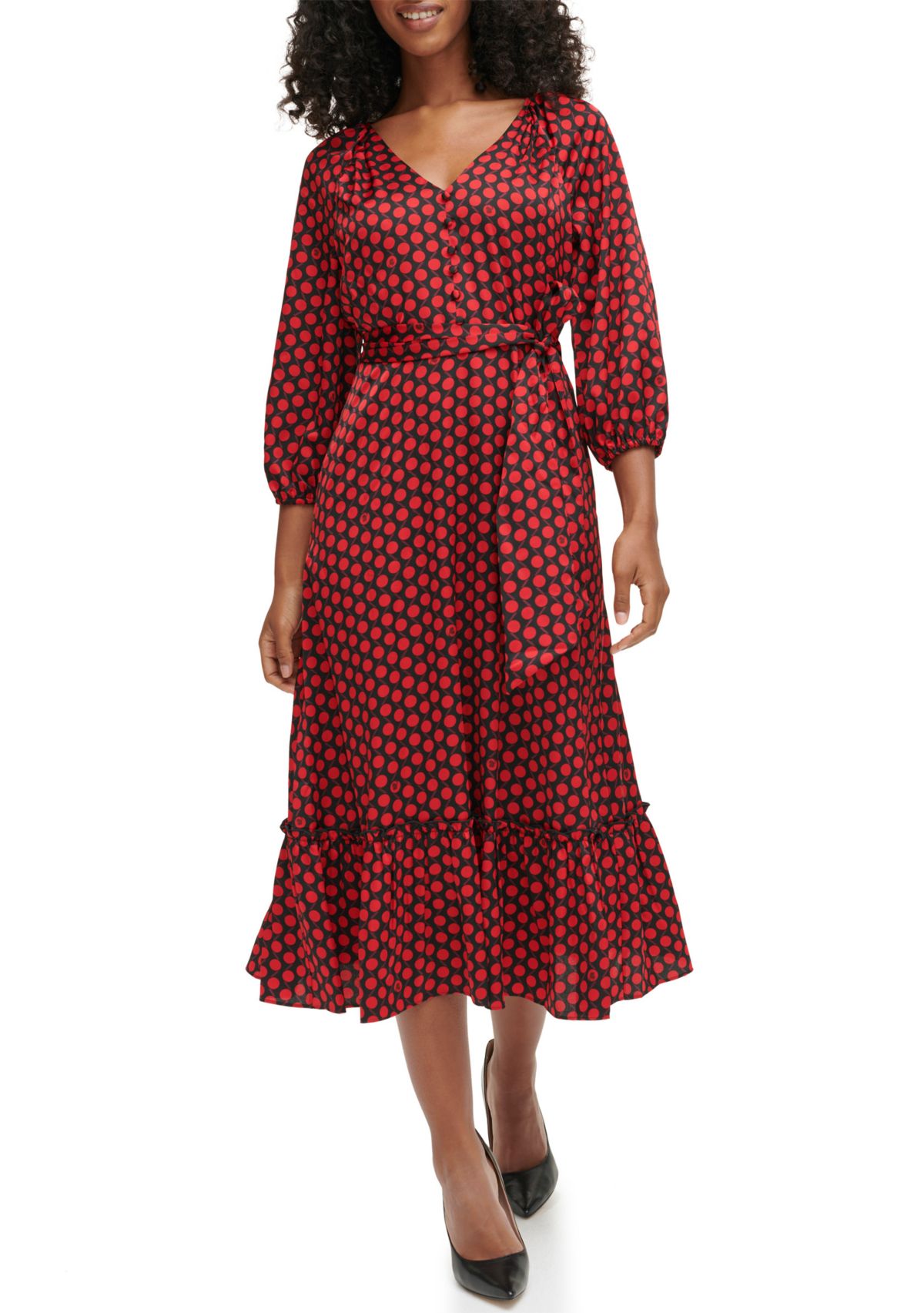 Womens 3/4 Sleeve V-Neck Dot Print Belted Midi Dress