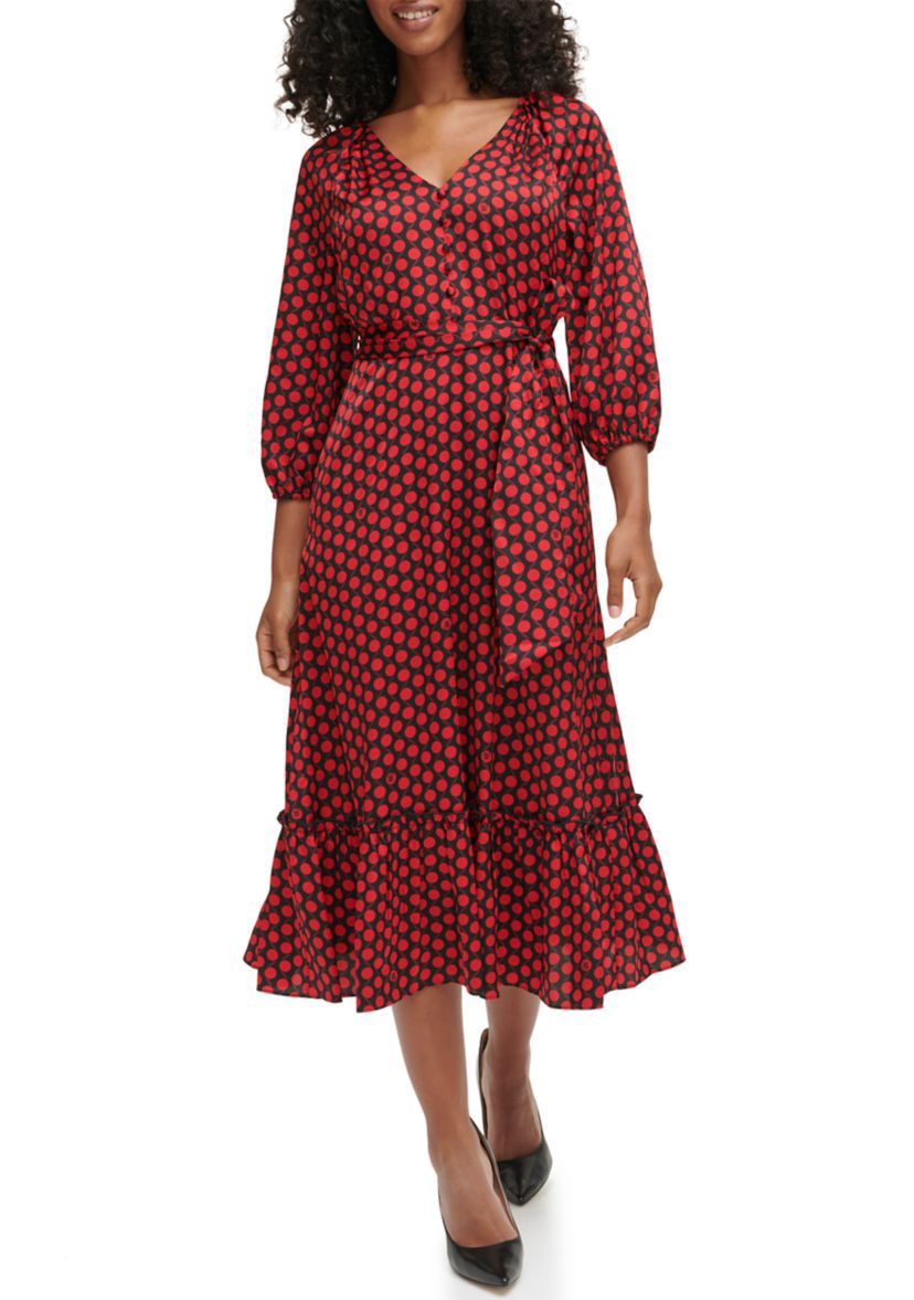 Womens 3/4 Sleeve V-Neck Dot Print Belted Midi Dress