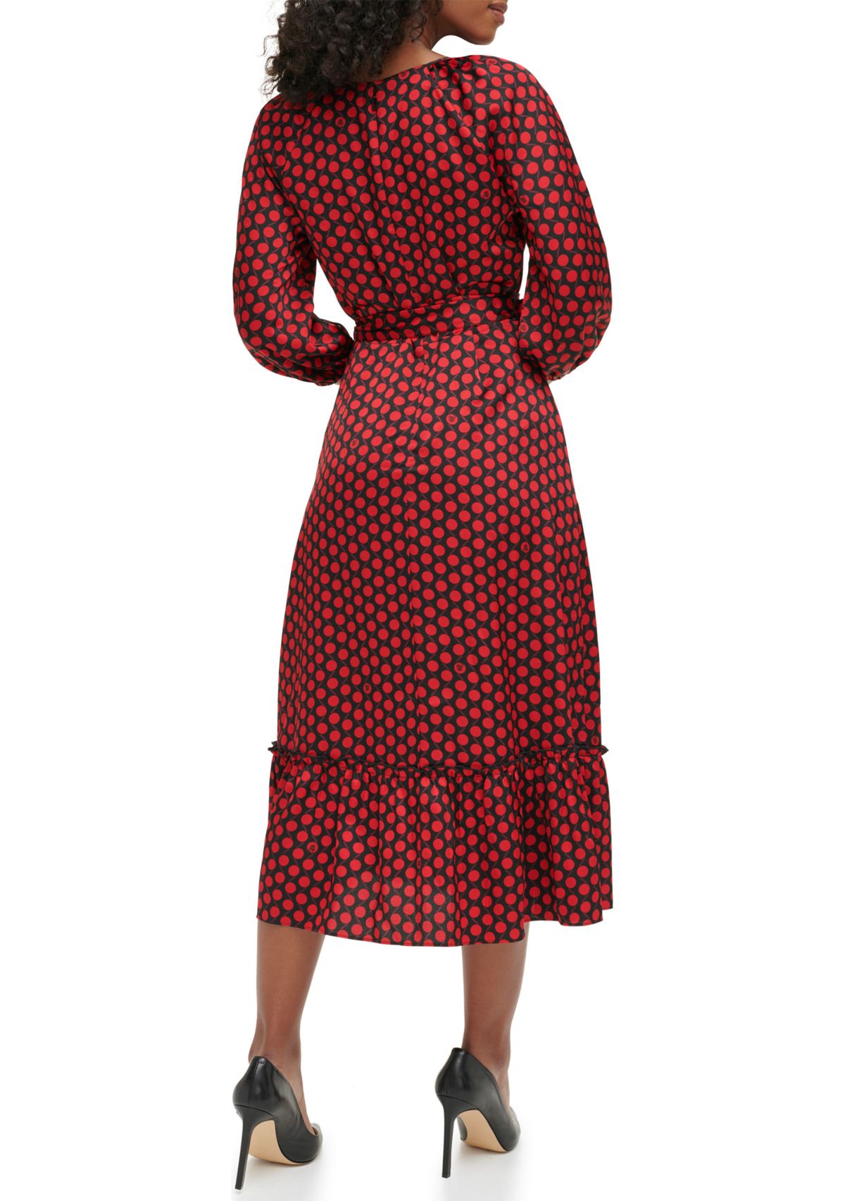 Womens 3/4 Sleeve V-Neck Dot Print Belted Midi Dress