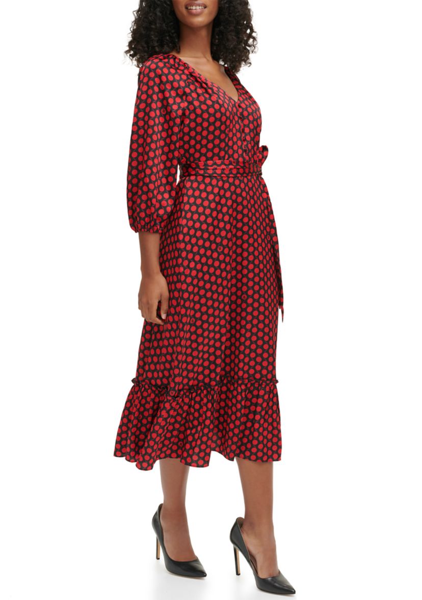 Womens 3/4 Sleeve V-Neck Dot Print Belted Midi Dress