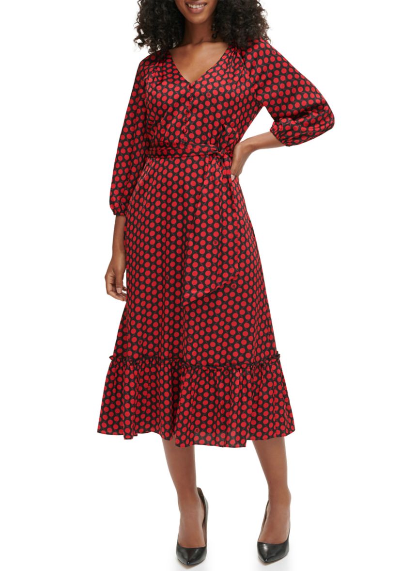 Womens 3/4 Sleeve V-Neck Dot Print Belted Midi Dress
