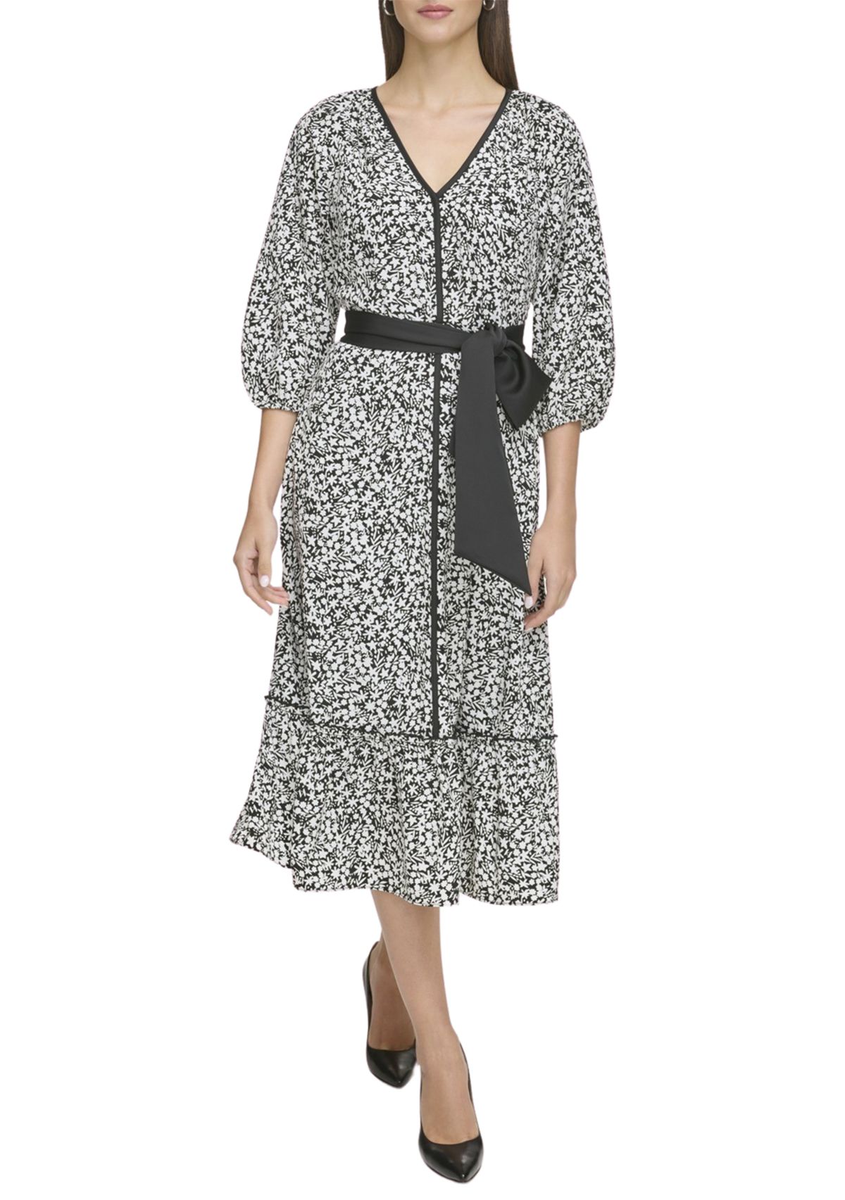 Womens Silky Crepe Midi Dress with Flounce Hem