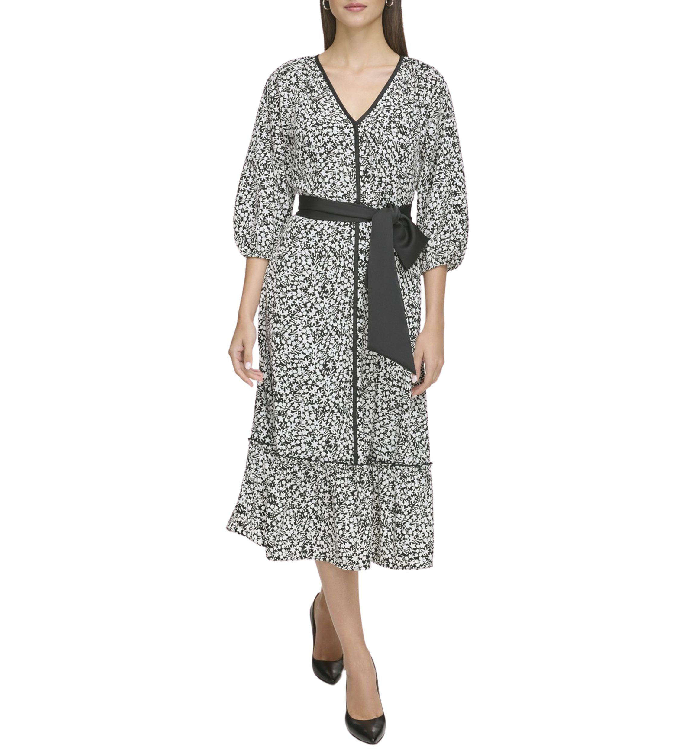Womens Silky Crepe Midi Dress with Flounce Hem