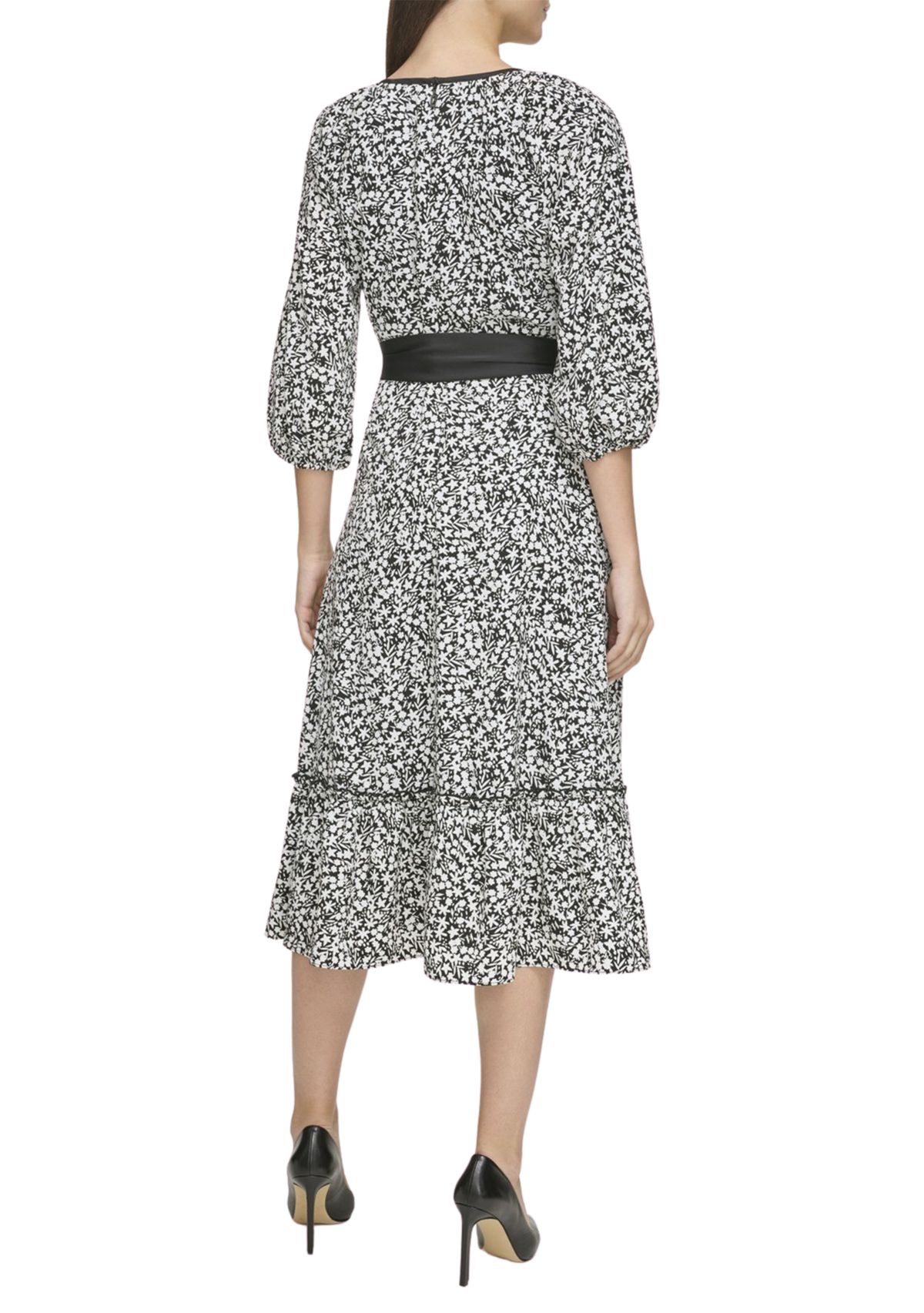 Womens Silky Crepe Midi Dress with Flounce Hem