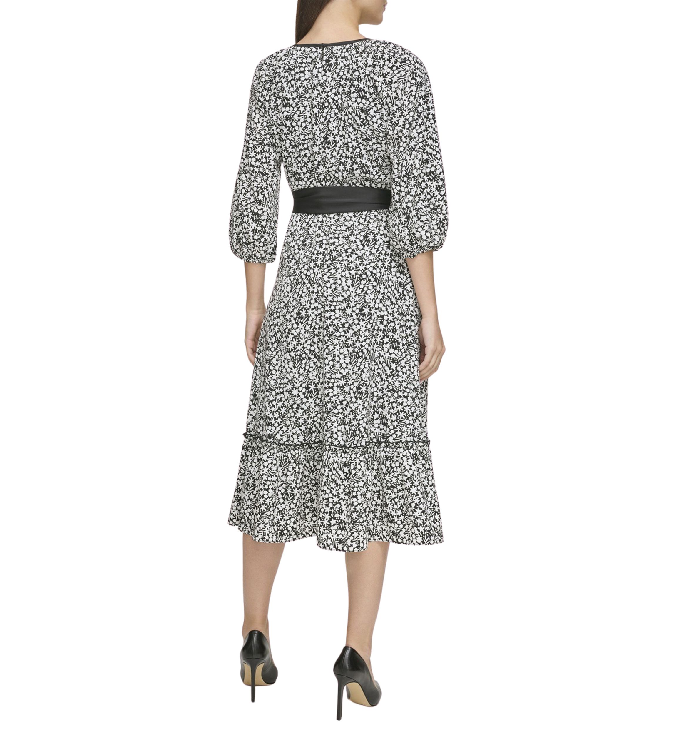 Womens Silky Crepe Midi Dress with Flounce Hem