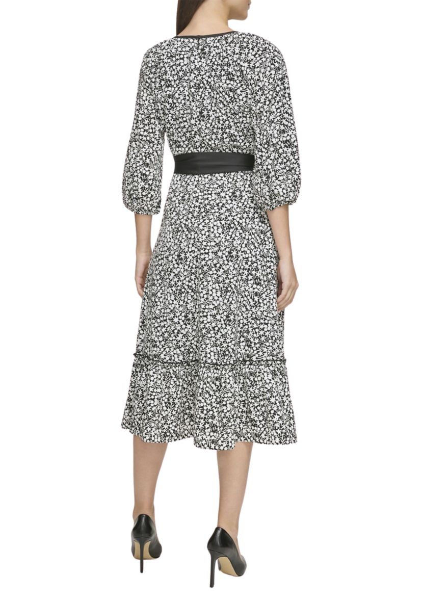 Womens Silky Crepe Midi Dress with Flounce Hem