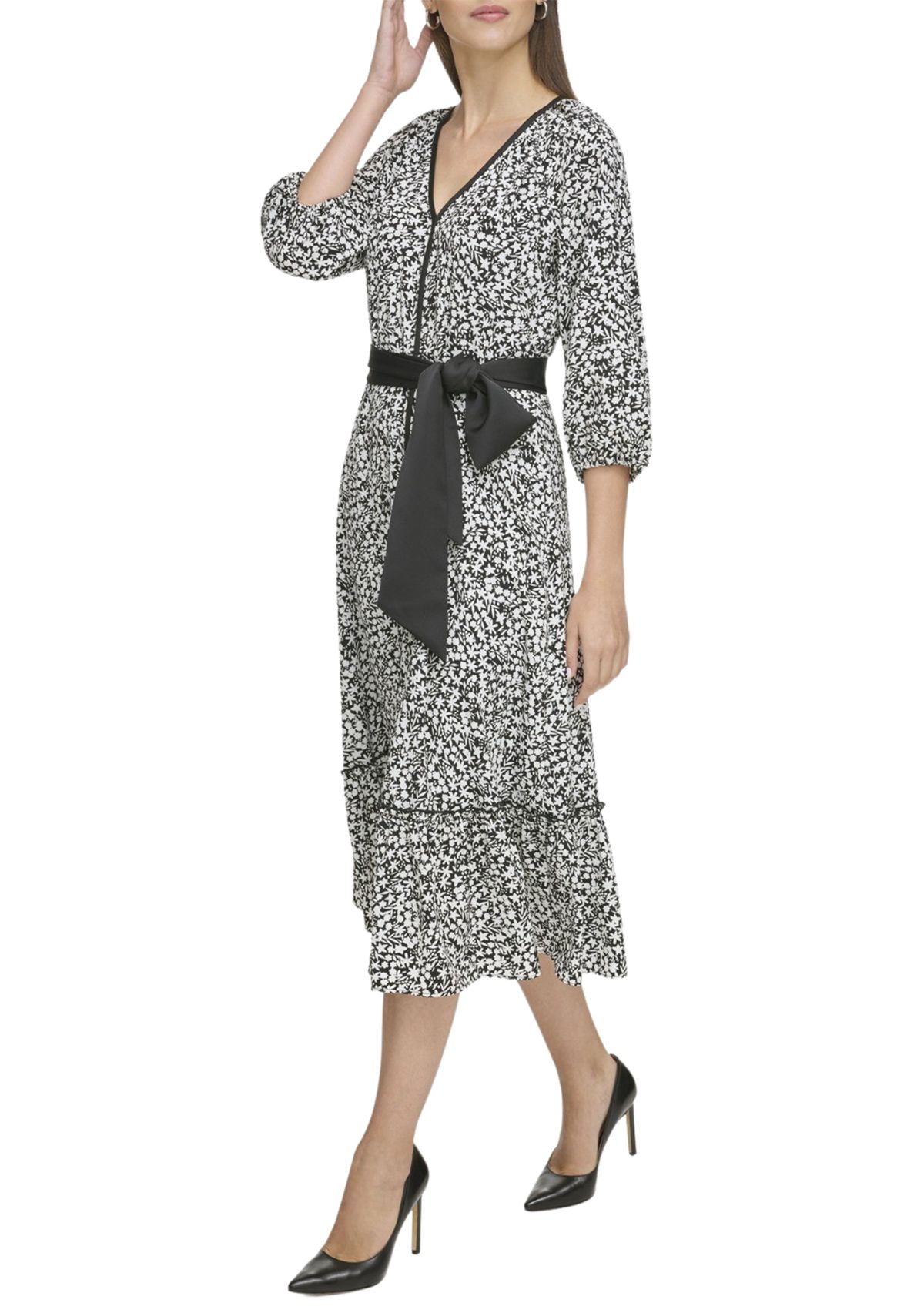 Womens Silky Crepe Midi Dress with Flounce Hem