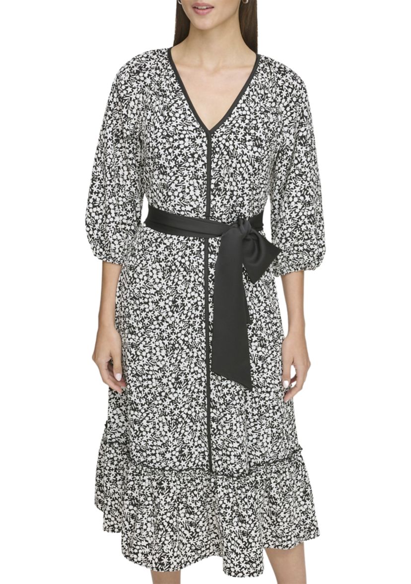 Womens Silky Crepe Midi Dress with Flounce Hem